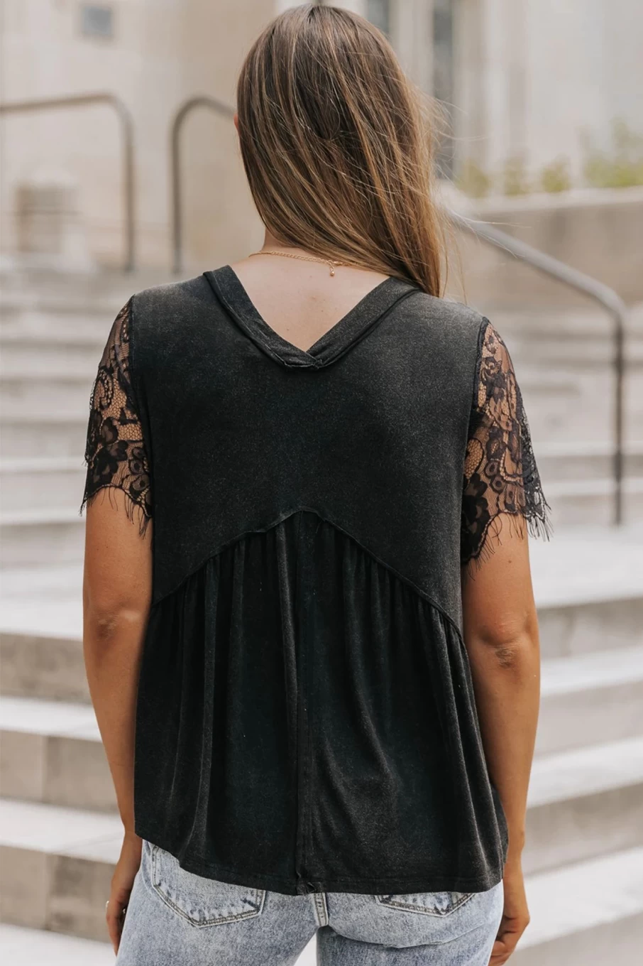 Shewin Women's Black Eyelash Lace Babydoll Top with V-Neck and Ruffle Sleeves