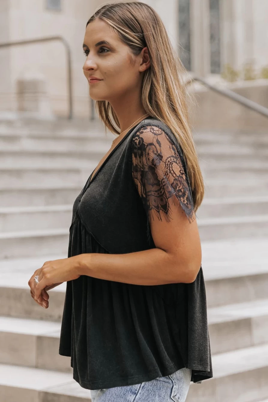 Shewin Women's Black Eyelash Lace Babydoll Top with V-Neck and Ruffle Sleeves