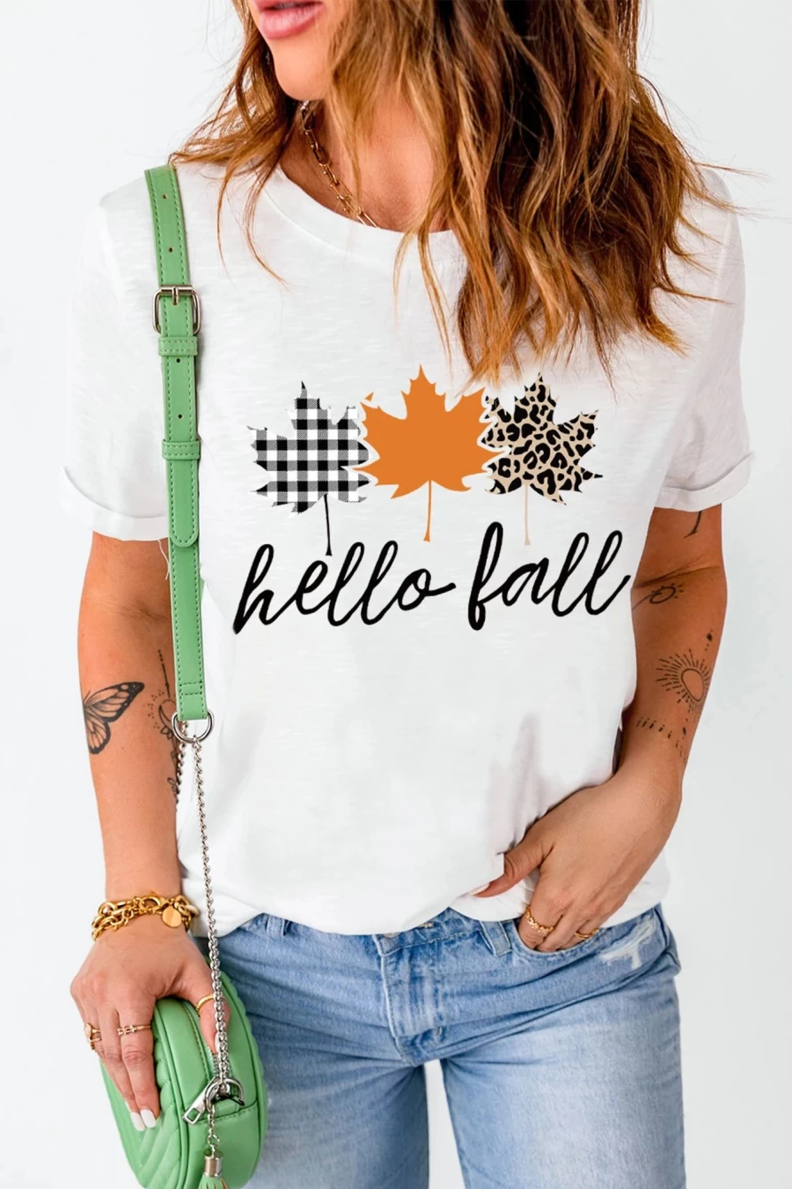 Shewin Women's White Hello Fall Maple Leaves Graphic Tee - Casual Short Sleeve Top