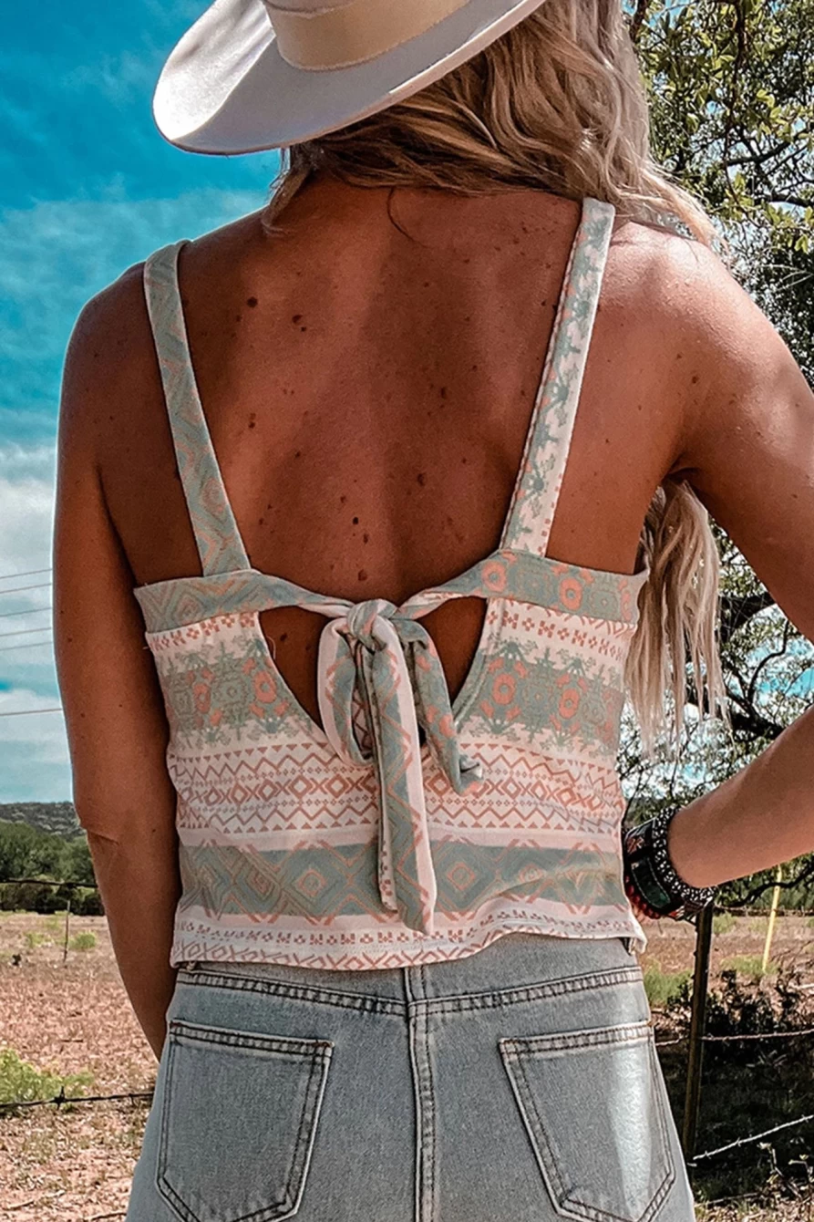 Shewin Women's White Geometric Print Backless Tank Top with Tie Detail