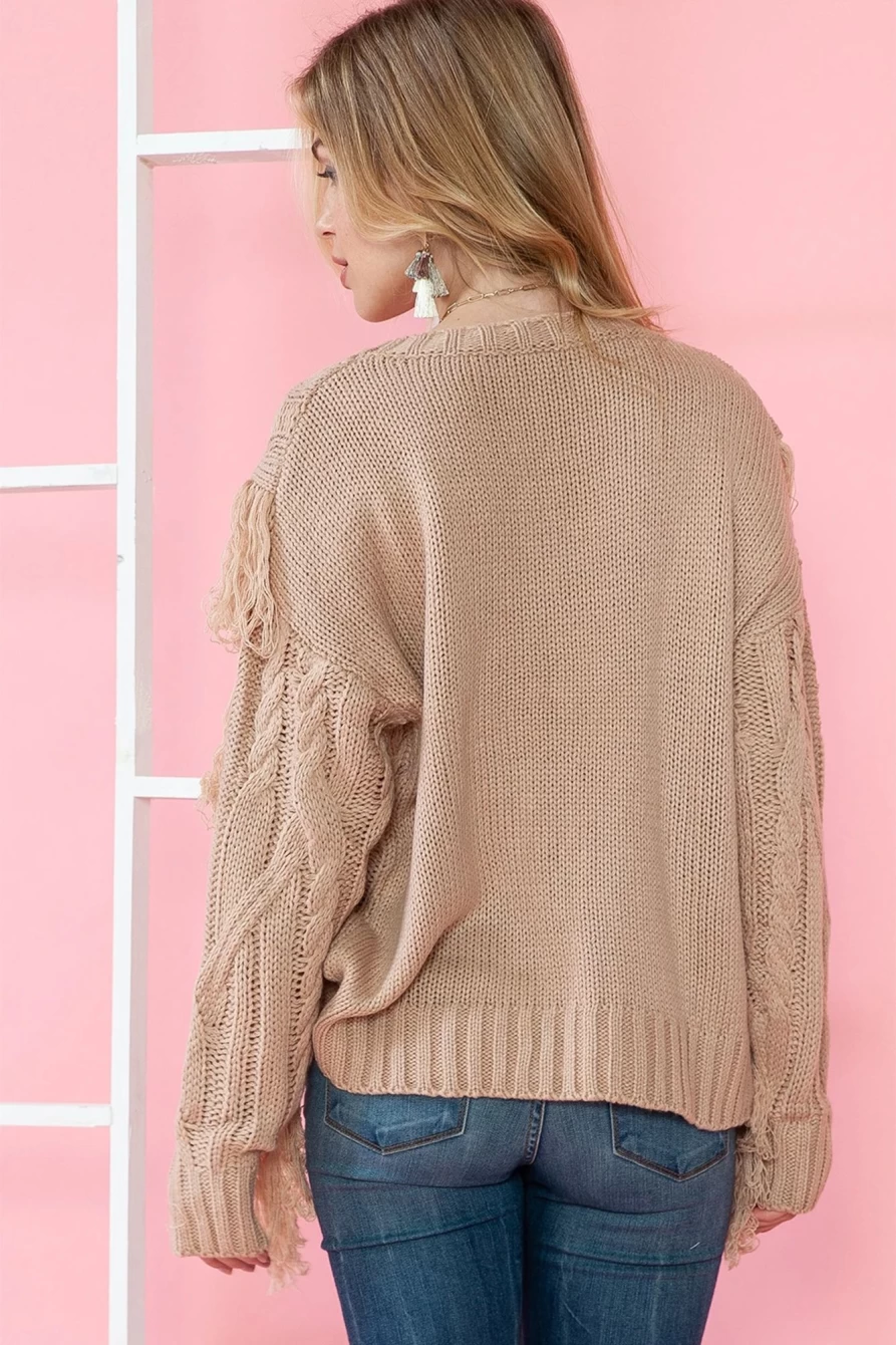 Shewin Women's Parchment Tassel Knit Sweater with Braided Detail and Round Neck