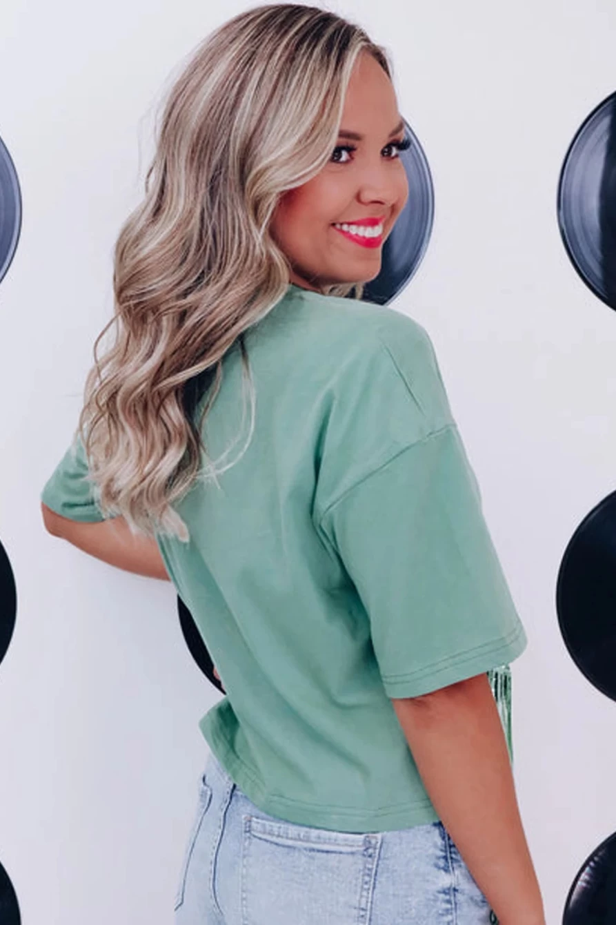 "SheWin Women's Moonlight Jade Fringed Sequin Crop Top T-Shirt"