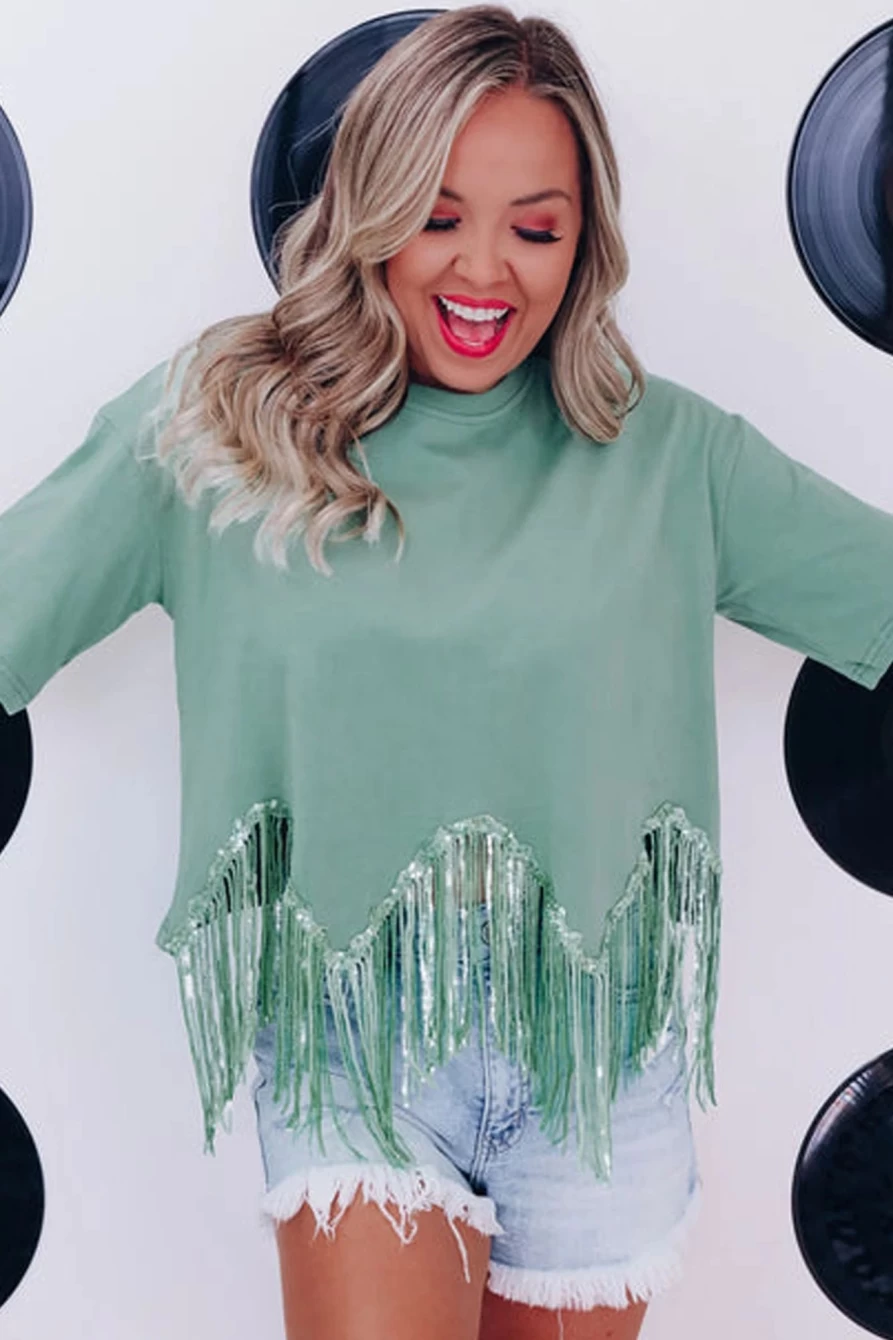 "SheWin Women's Moonlight Jade Fringed Sequin Crop Top T-Shirt"