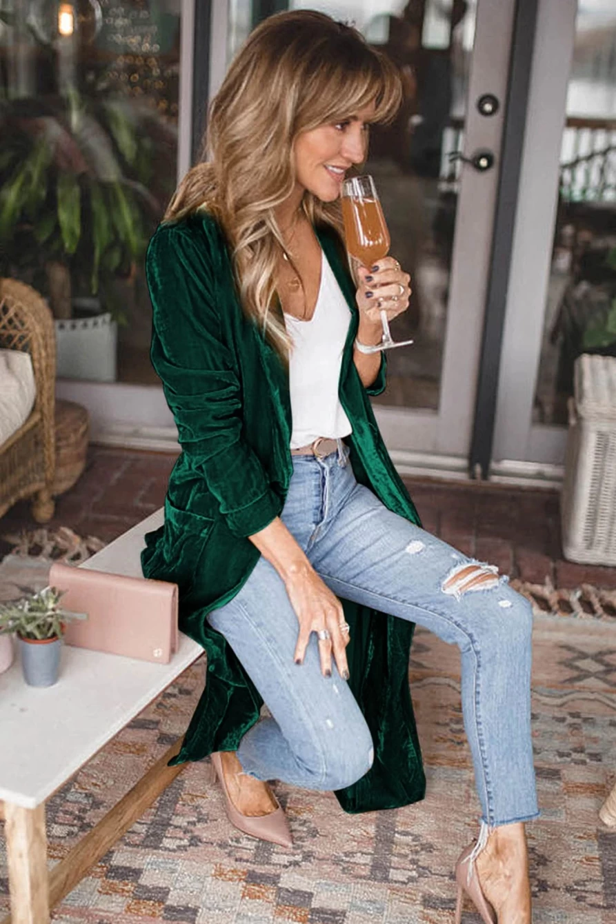 Shewin Women's Green Velvet Elegant Long Cardigan with Pockets and Open Front