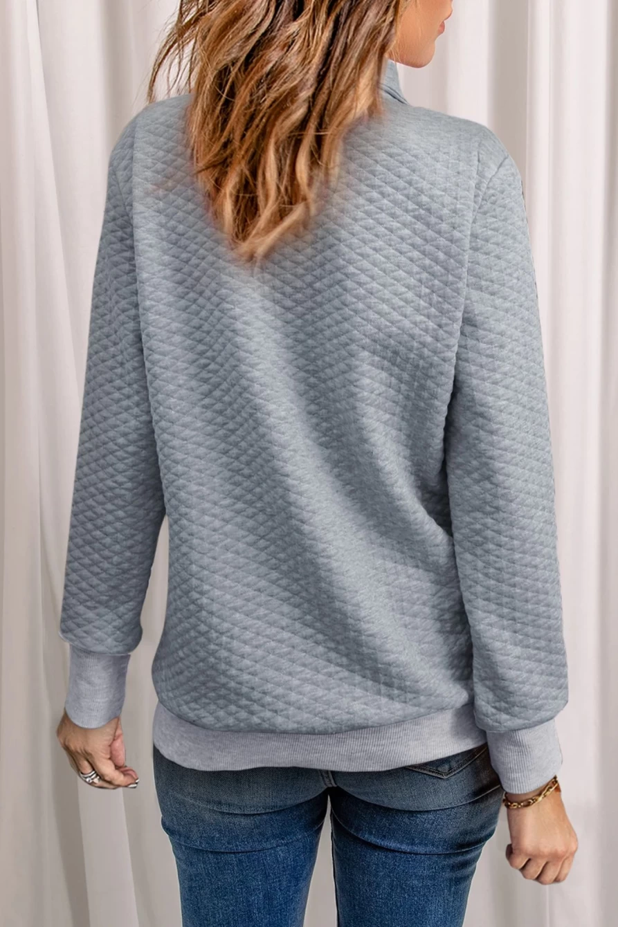 Shewin Women's Gray Stand Collar Quilted Snap Button Sweatshirt