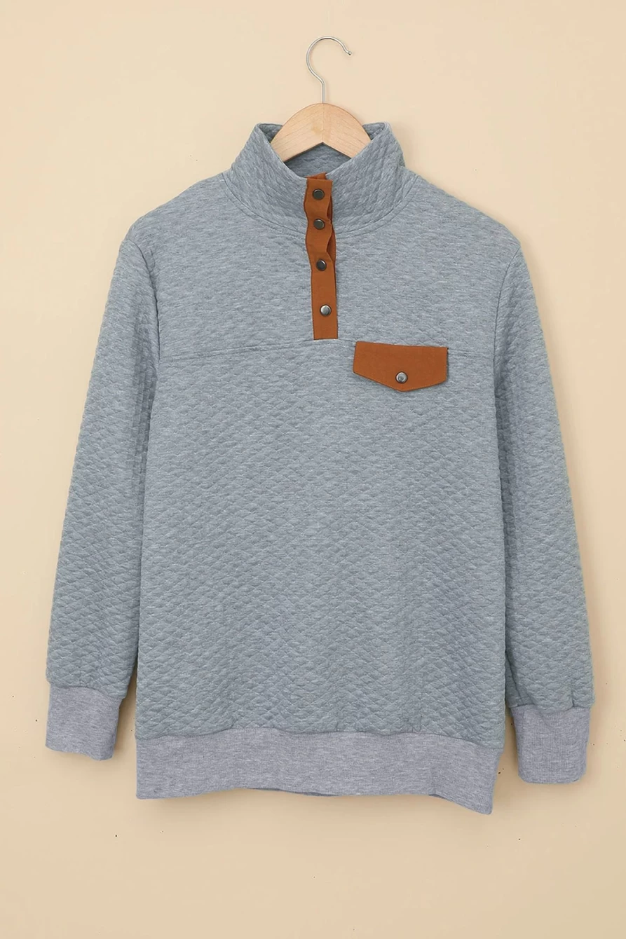 Shewin Women's Gray Stand Collar Quilted Snap Button Sweatshirt