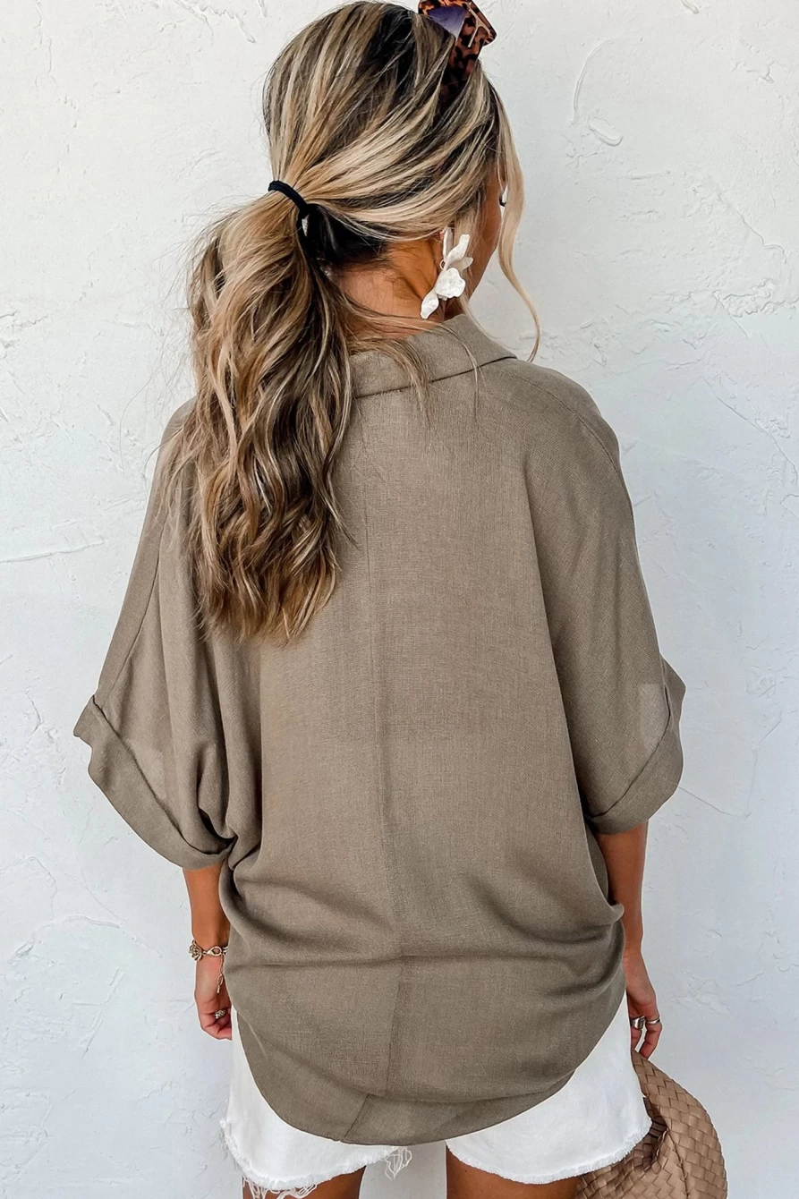 Shewin Women's Simply Taupe Oversized Batwing Sleeve Shirt with Collar and Half Button Design