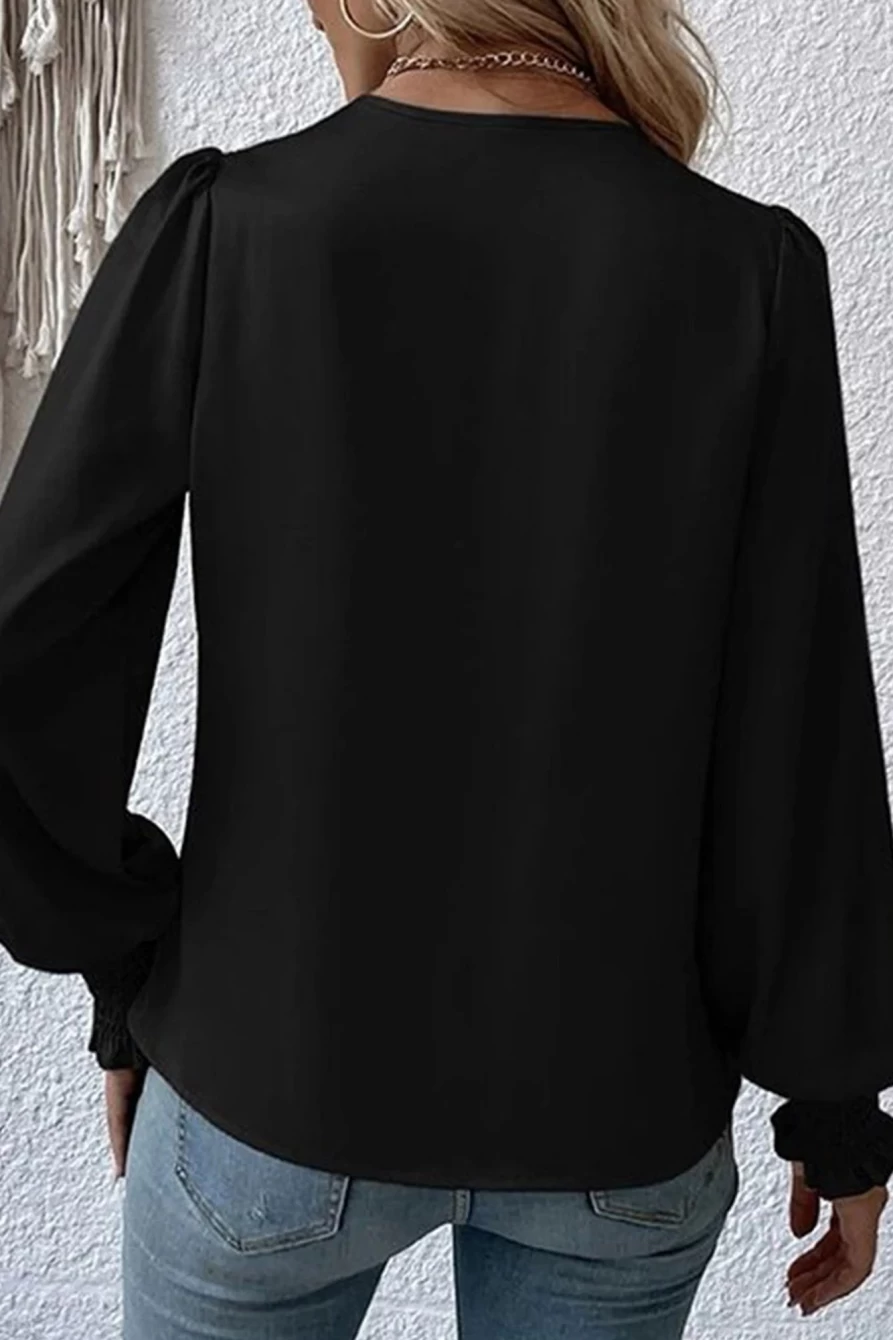 Shewin Women's Black Basic Drape V-Neck Long Sleeve Blouse