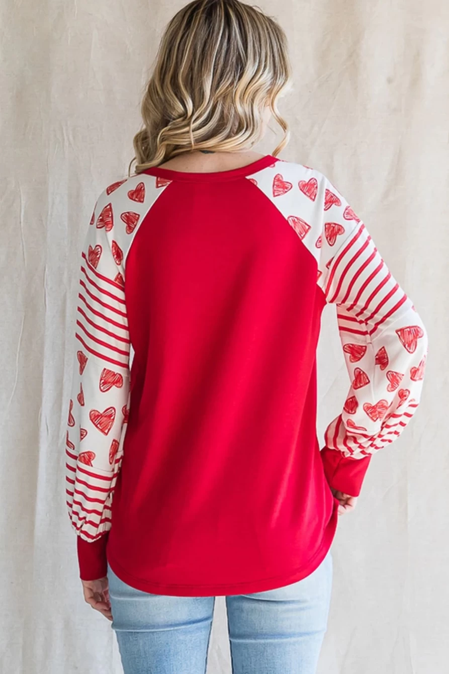 "SheWin Women's Fiery Red Heart & Striped Print Henley Top with Raglan Sleeves"