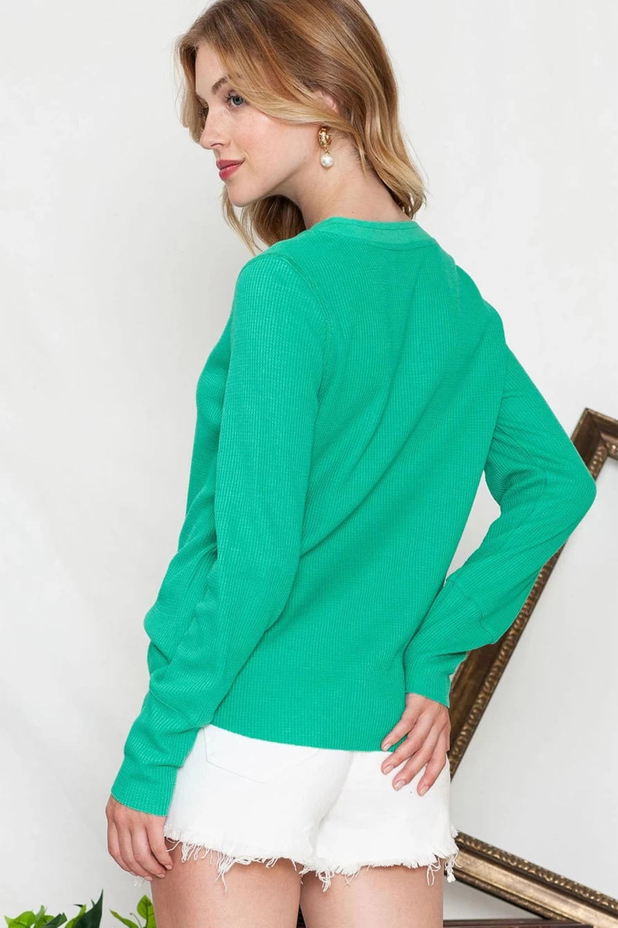 Women's Green Solid Color Waffle Knit Long Sleeve Henley Shirt by Shewin