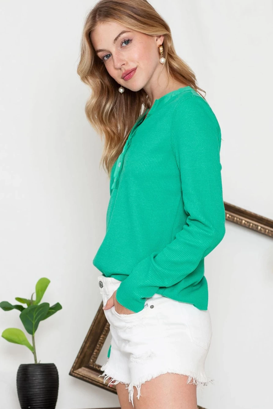 Women's Green Solid Color Waffle Knit Long Sleeve Henley Shirt by Shewin