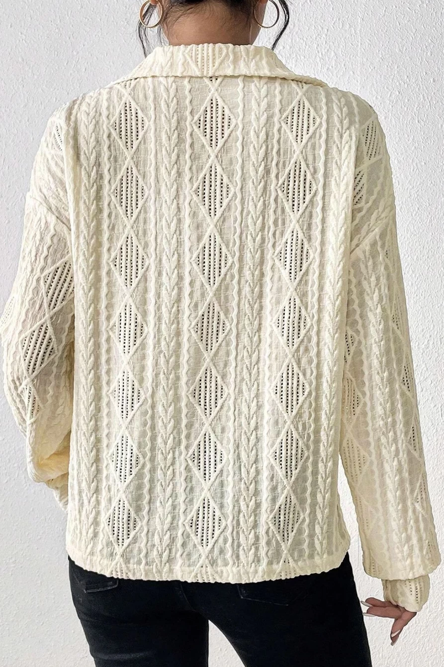Shewin Women's White Rhombus Textured Collared V-Neck Top