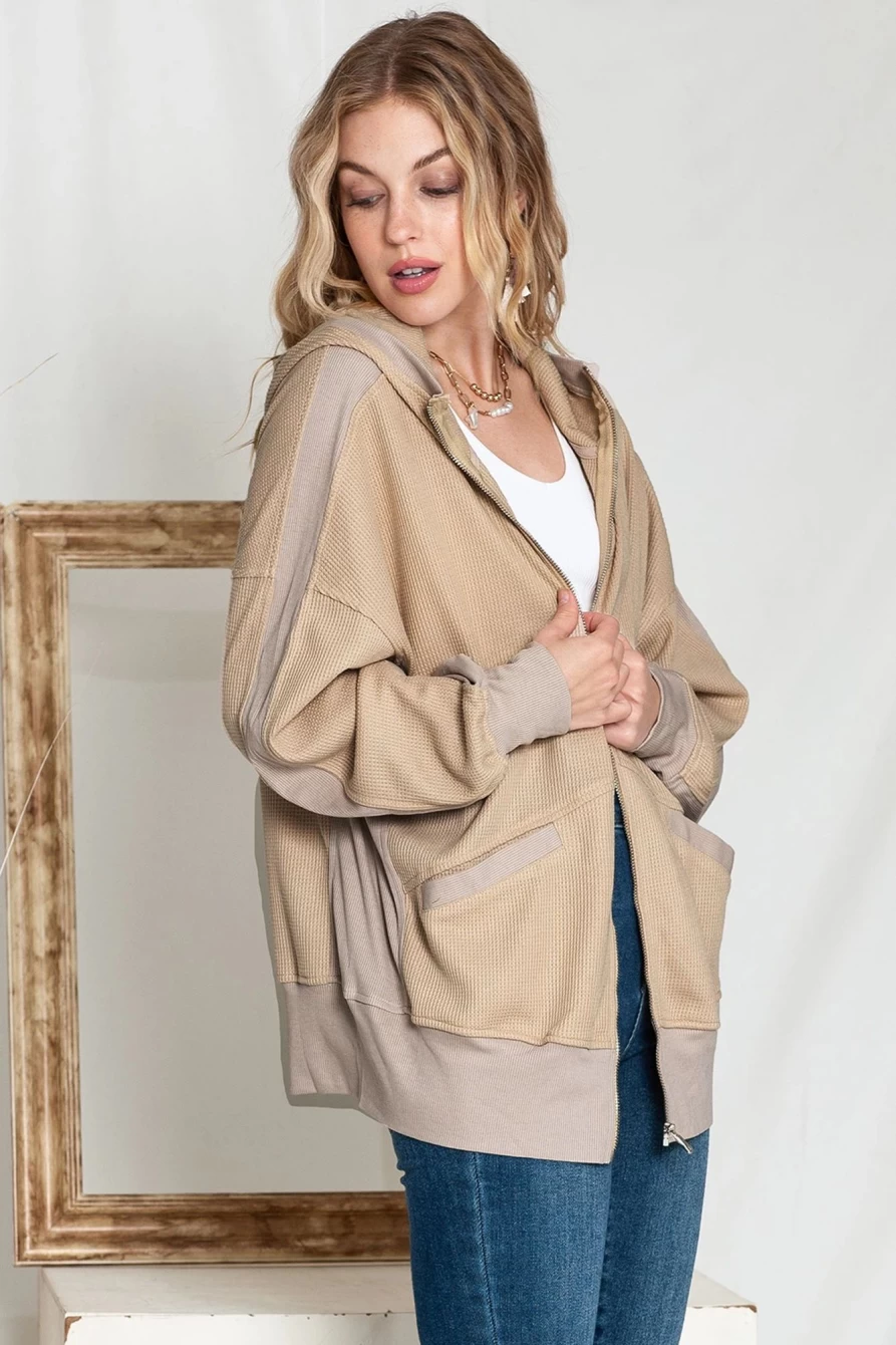 Shewin Women's Khaki Thermal Zip-Up Waffle Hoodie Jacket for Winter Warmth