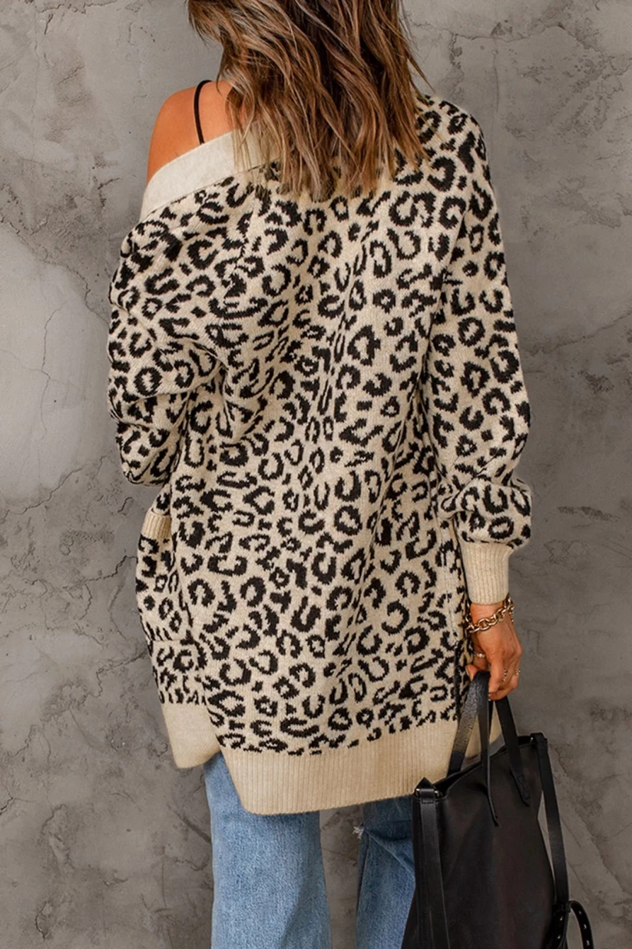 Shewin Women's Leopard Print Open Front Knit Cardigan Casual Cheetah Style