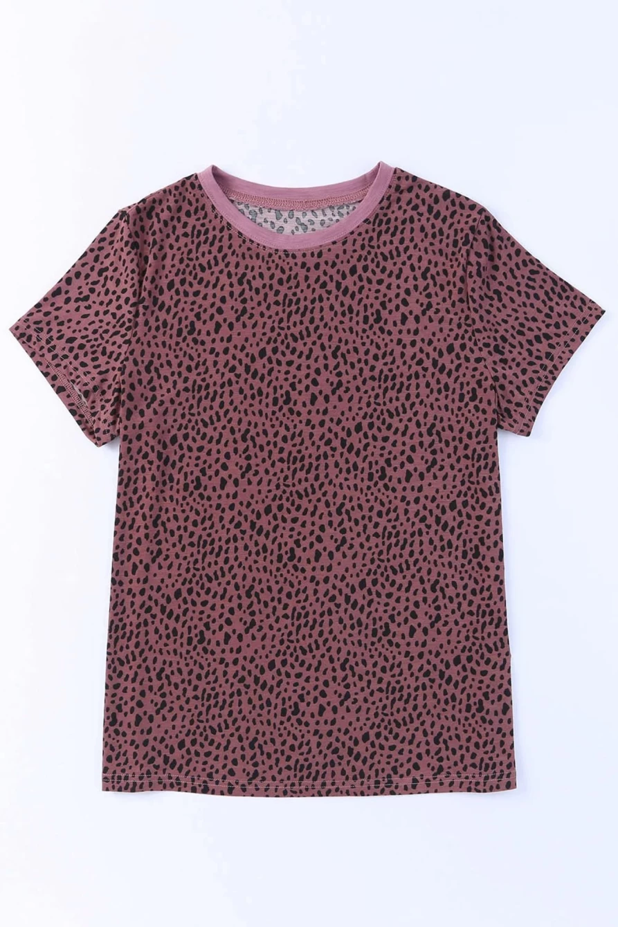 "SheWin Women's Red Cheetah Print Casual T-Shirt - Short Sleeve Crew Neck Top"