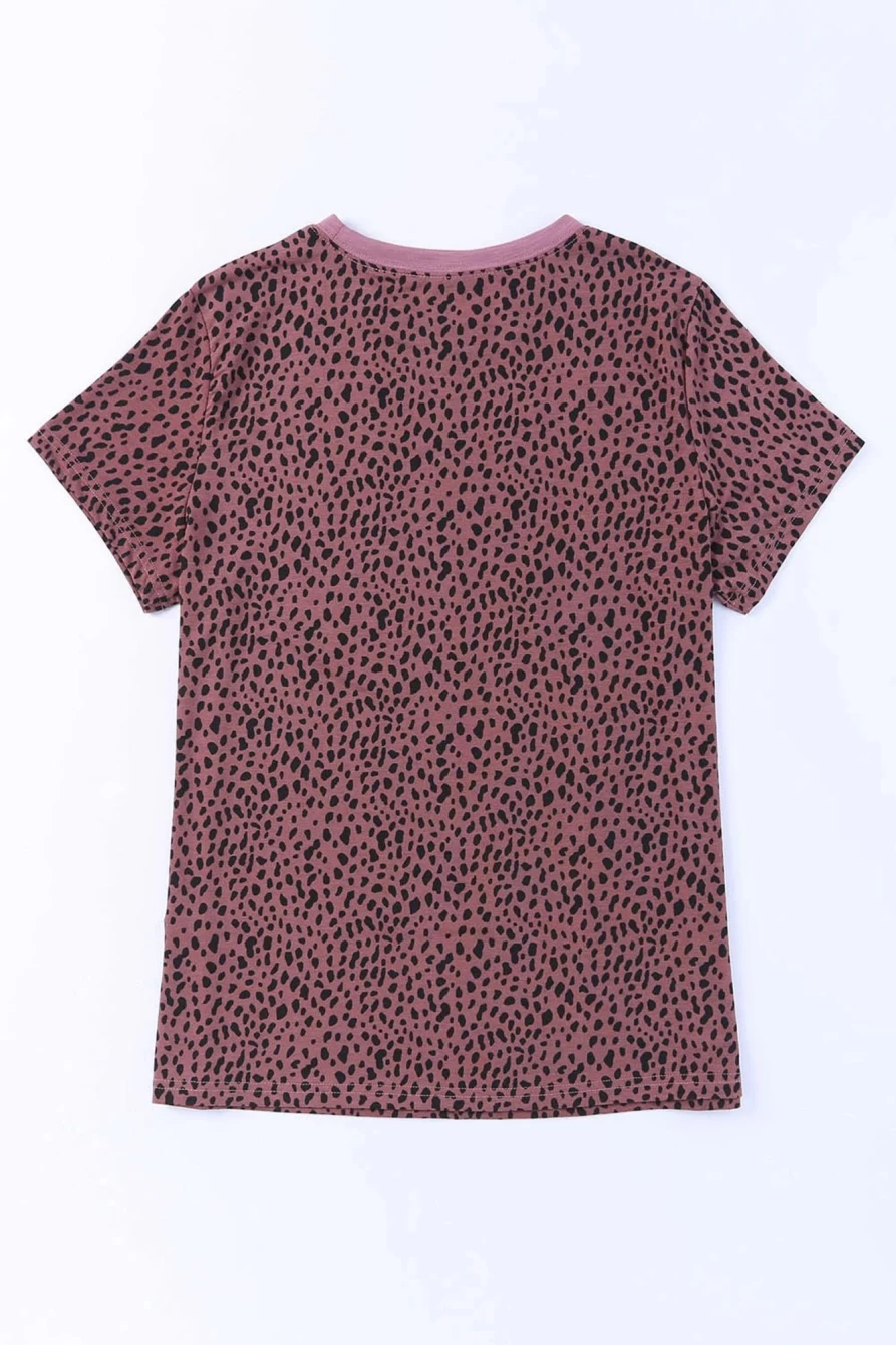 "SheWin Women's Red Cheetah Print Casual T-Shirt - Short Sleeve Crew Neck Top"