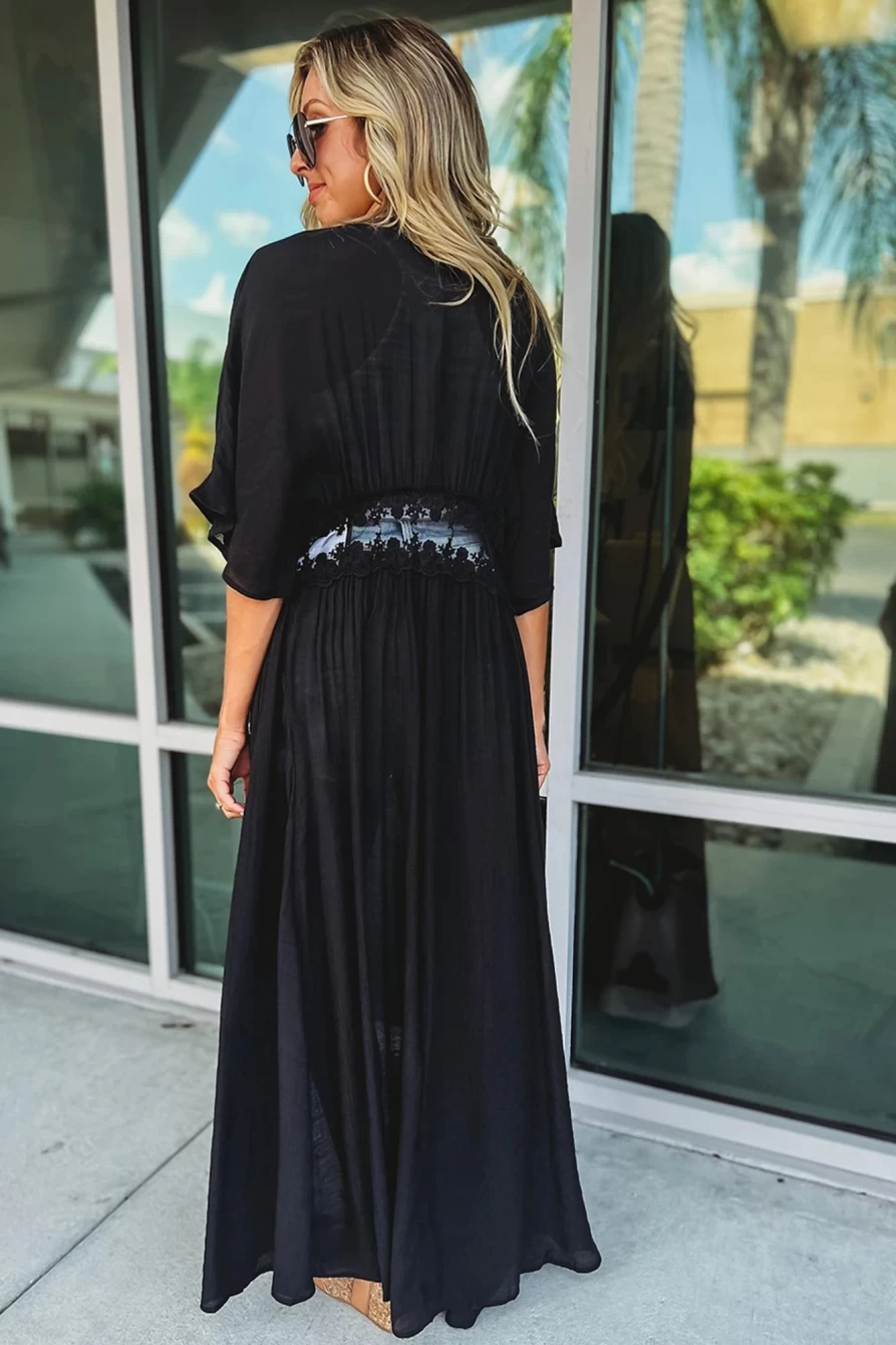 Shewin Black Lace Trim Open Front Maxi Kimono for Women