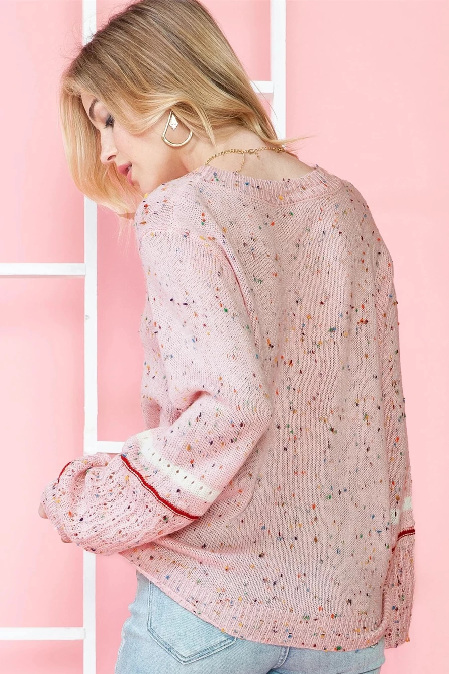 Shewin Women's Pink Colorblock Cutout Knit Sweater - Casual Pilling Detail Pullover