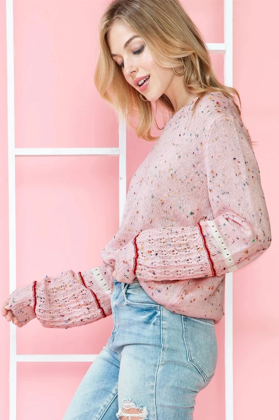 Shewin Women's Pink Colorblock Cutout Knit Sweater - Casual Pilling Detail Pullover