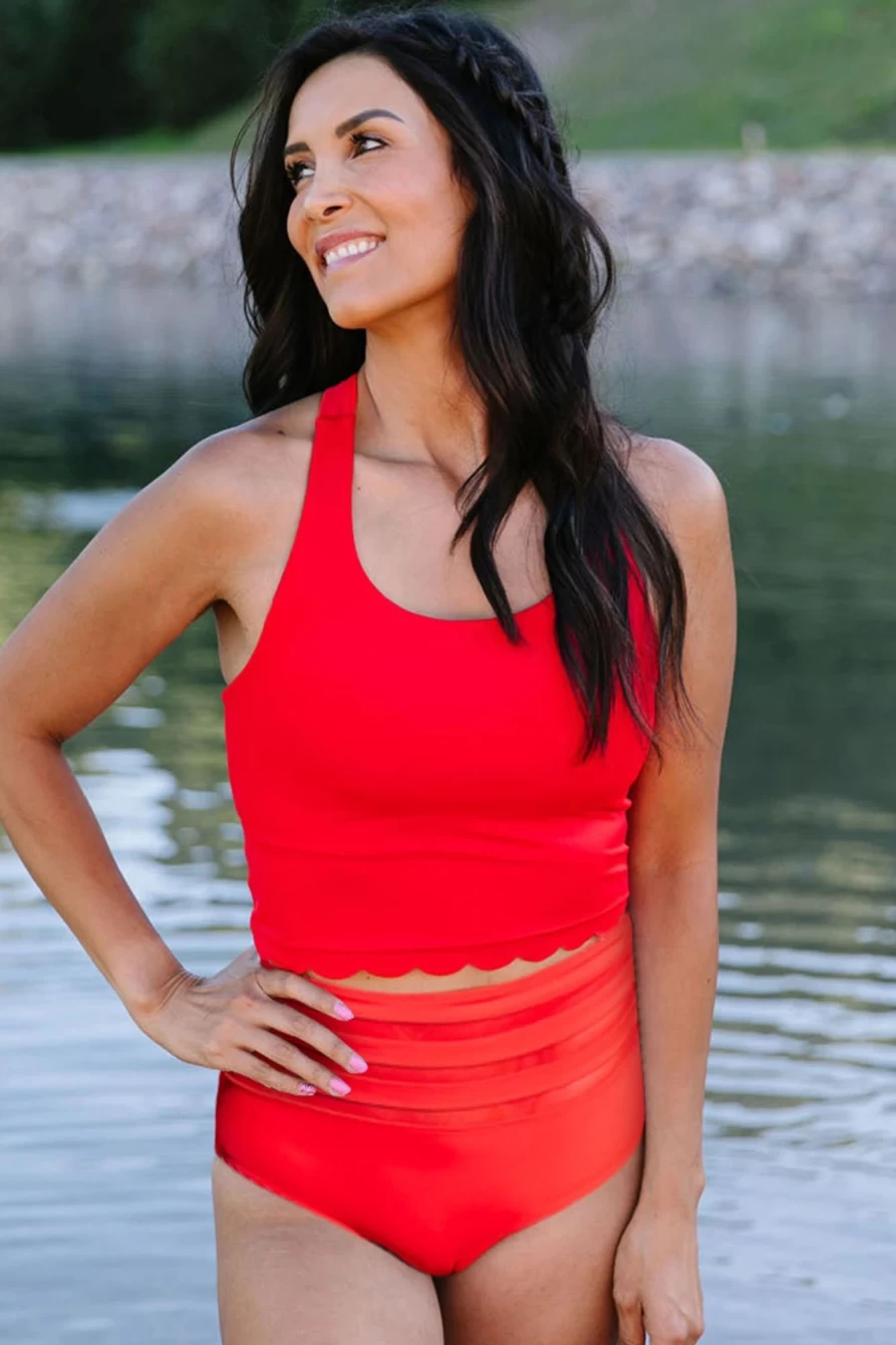 Shewin Women's Red Criss Cross Scalloped Trim Mesh Two Piece Swimsuit