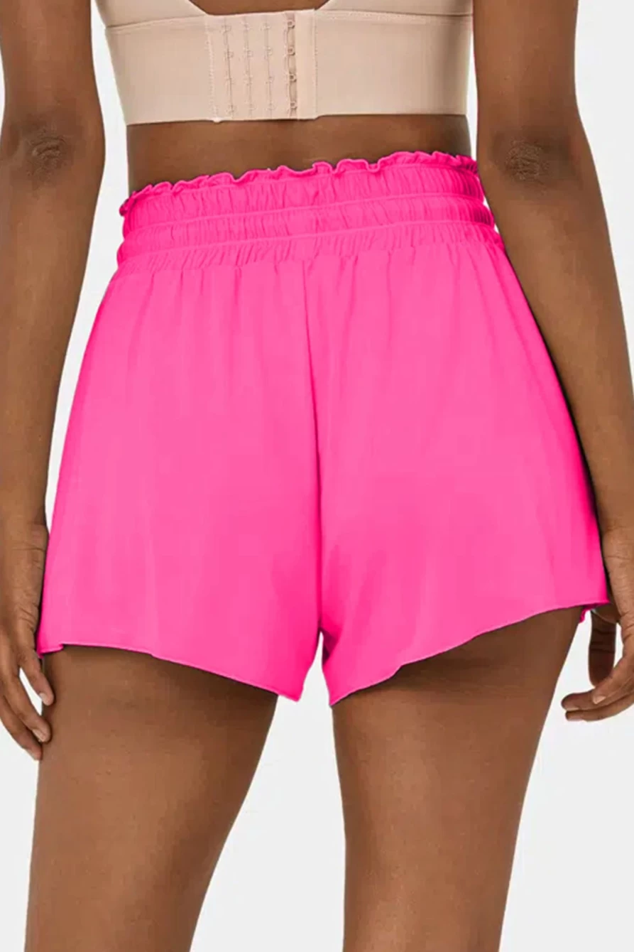 Women's Rose Red High Waist Swim Shorts with Frill & Petal Wrap Design | SHEWIN