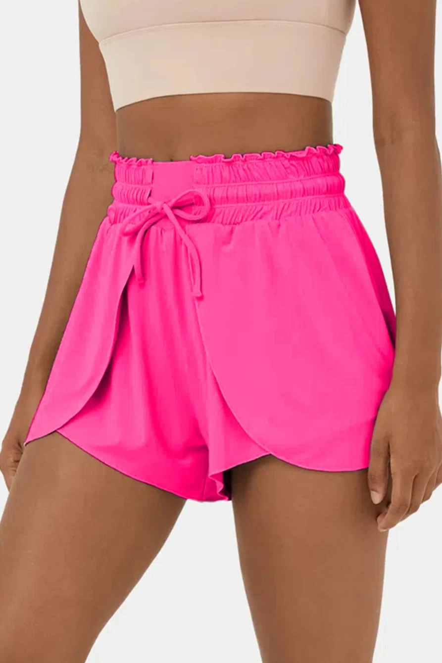 Women's Rose Red High Waist Swim Shorts with Frill & Petal Wrap Design | SHEWIN