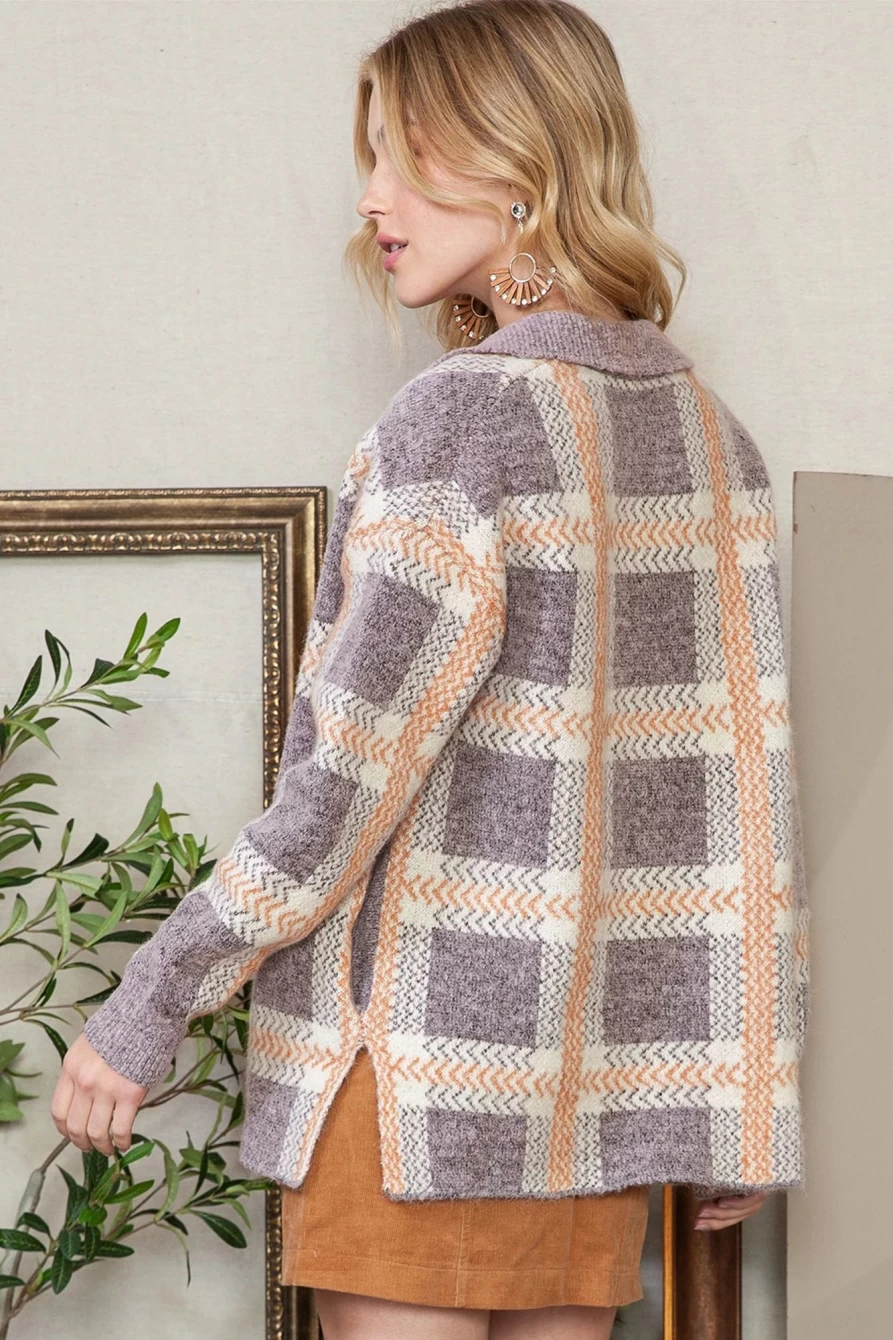 "Shewin Women's Sky Blue Plaid Collared Fuzzy Button-Up Cardigan"
