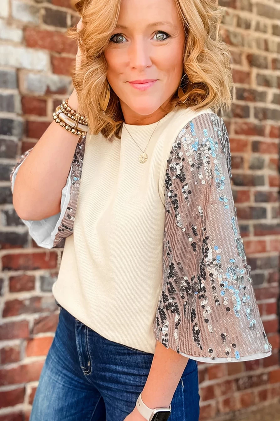Shewin Women's White Sequin Bell Sleeve Ribbed Top - Glittery Party Blouse