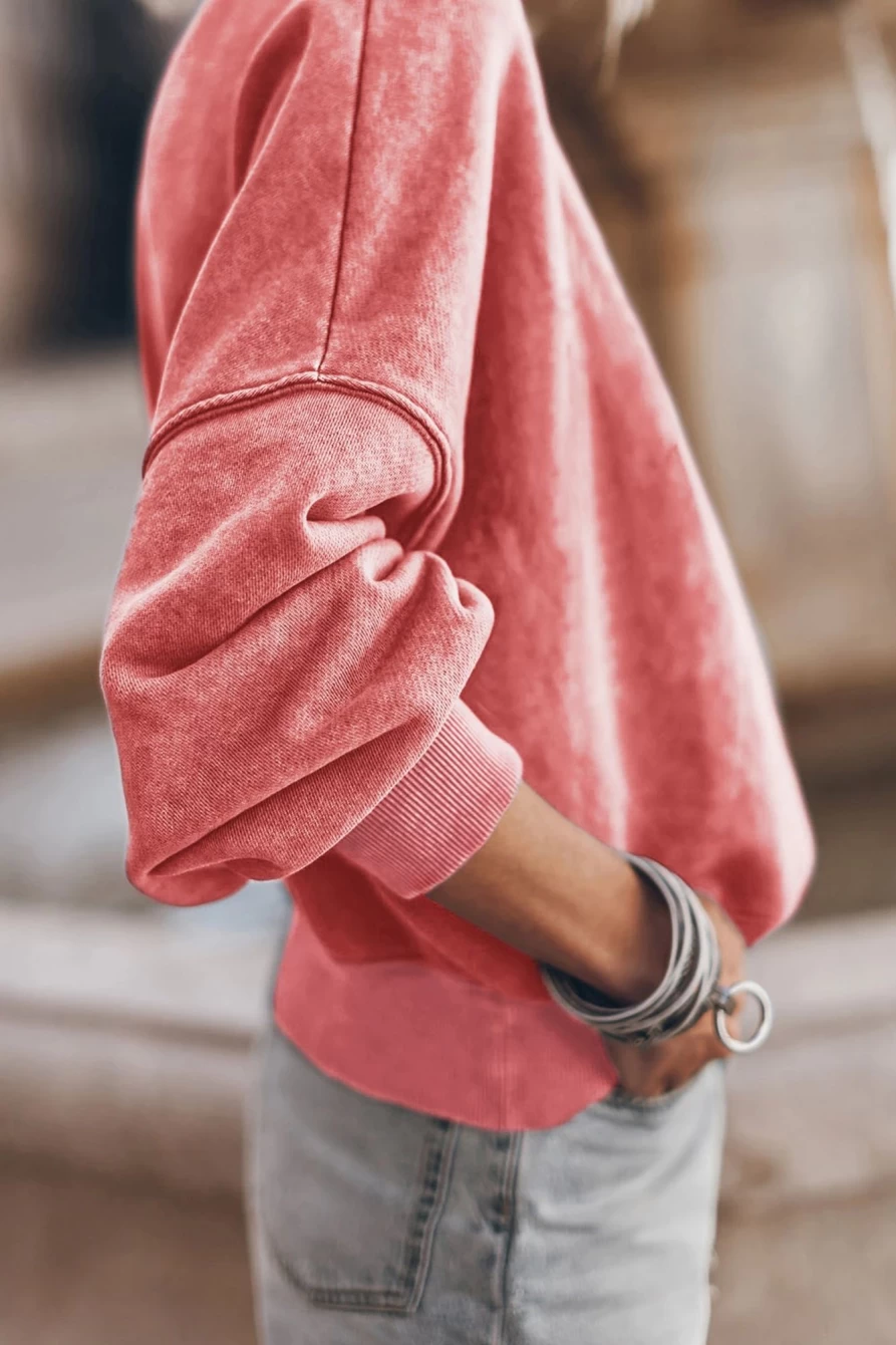 Women's Red Drop Shoulder Crewneck Sweatshirt - Shewin Washed Pullover Oversized Top
