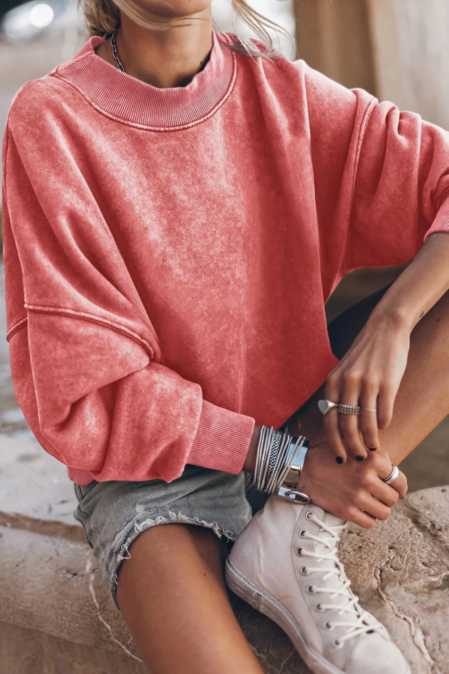 Women's Red Drop Shoulder Crewneck Sweatshirt - Shewin Washed Pullover Oversized Top