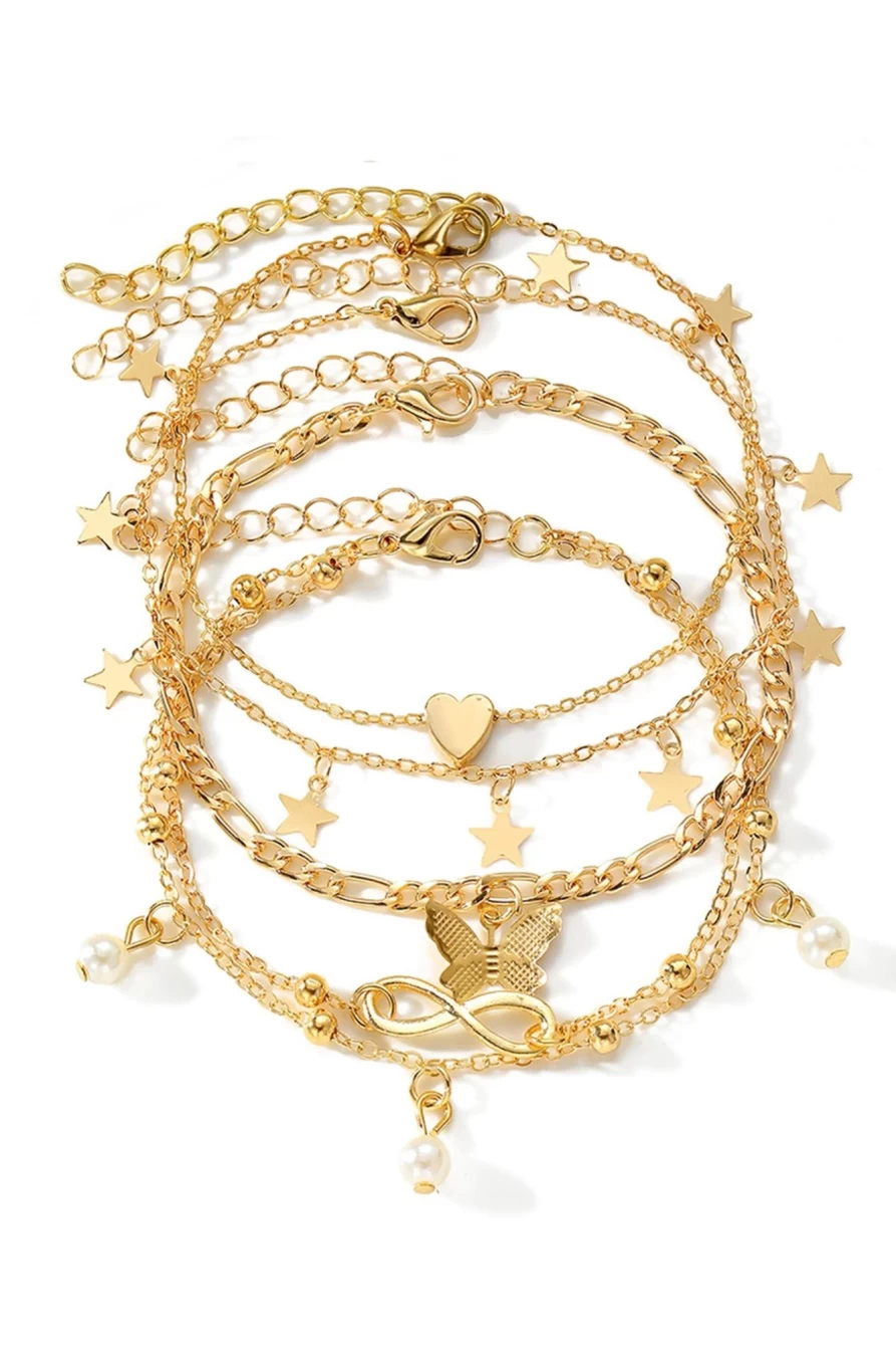 "Shewin Women's Gold Pearl Butterfly Multi-Layer Anklet Pendant Elegant Jewelry"