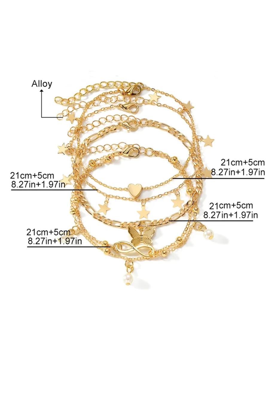"Shewin Women's Gold Pearl Butterfly Multi-Layer Anklet Pendant Elegant Jewelry"