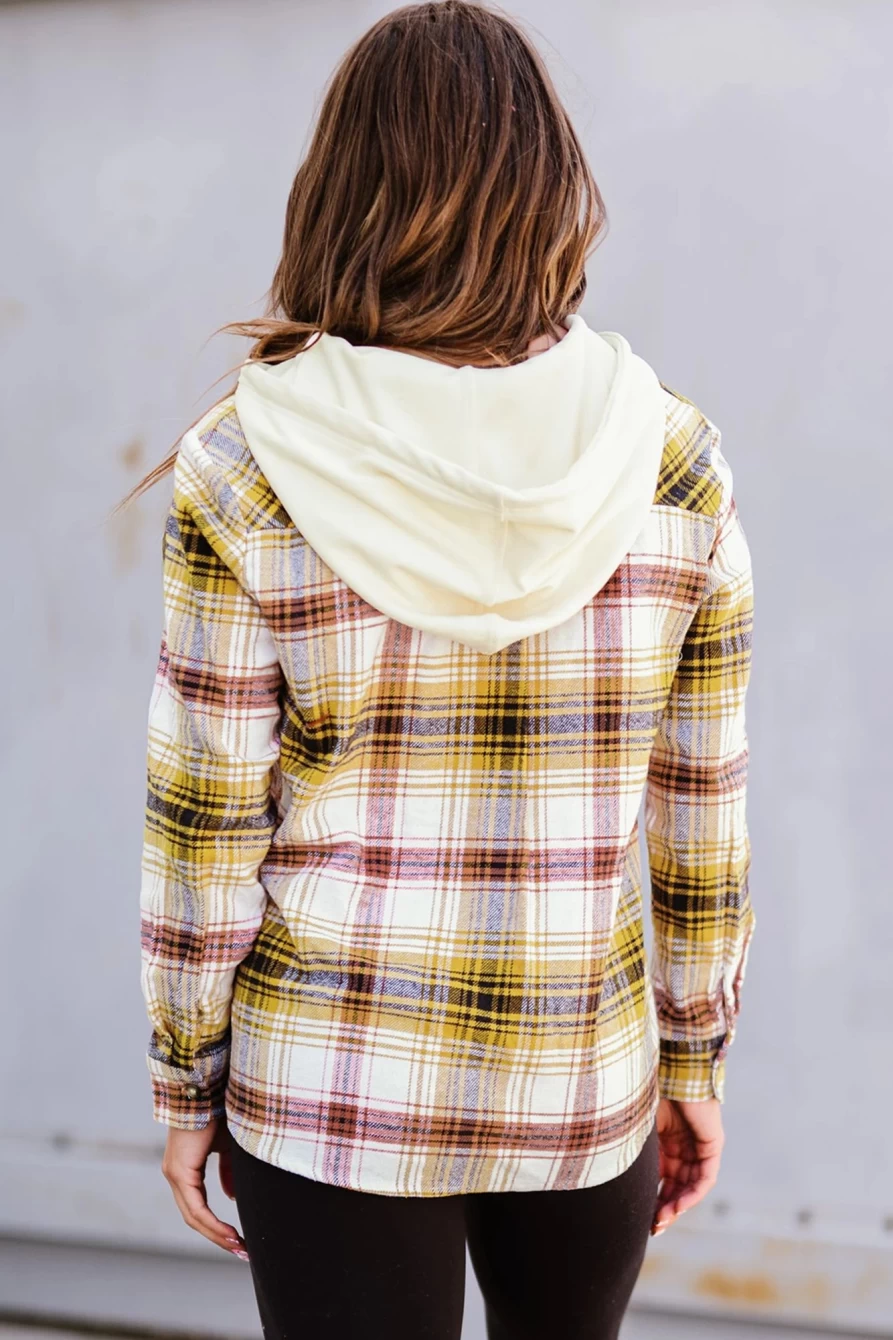 Women's Multicolor Plaid Casual Shacket with Pocket, Drawstring & Hood - Shewin