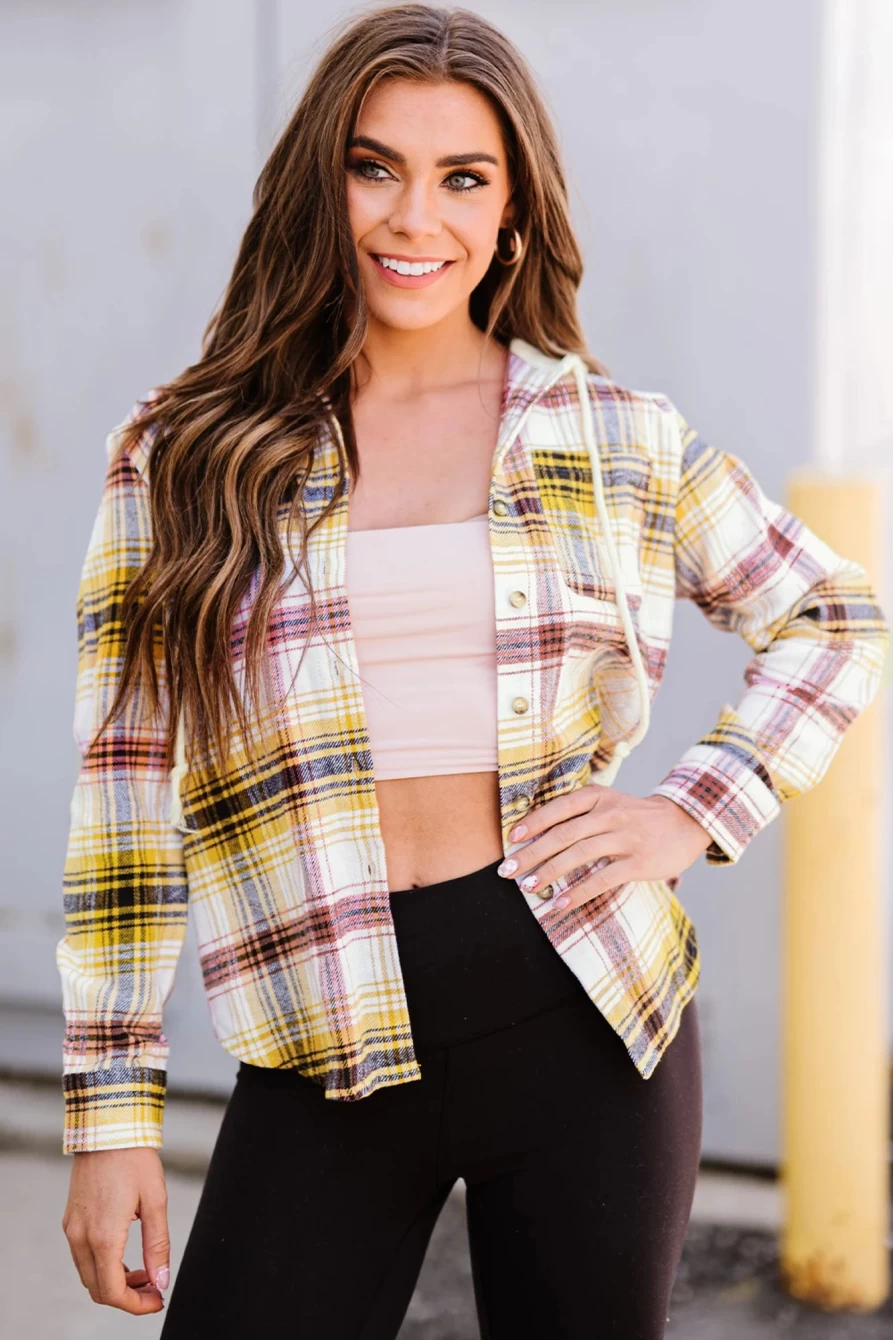 Women's Multicolor Plaid Casual Shacket with Pocket, Drawstring & Hood - Shewin