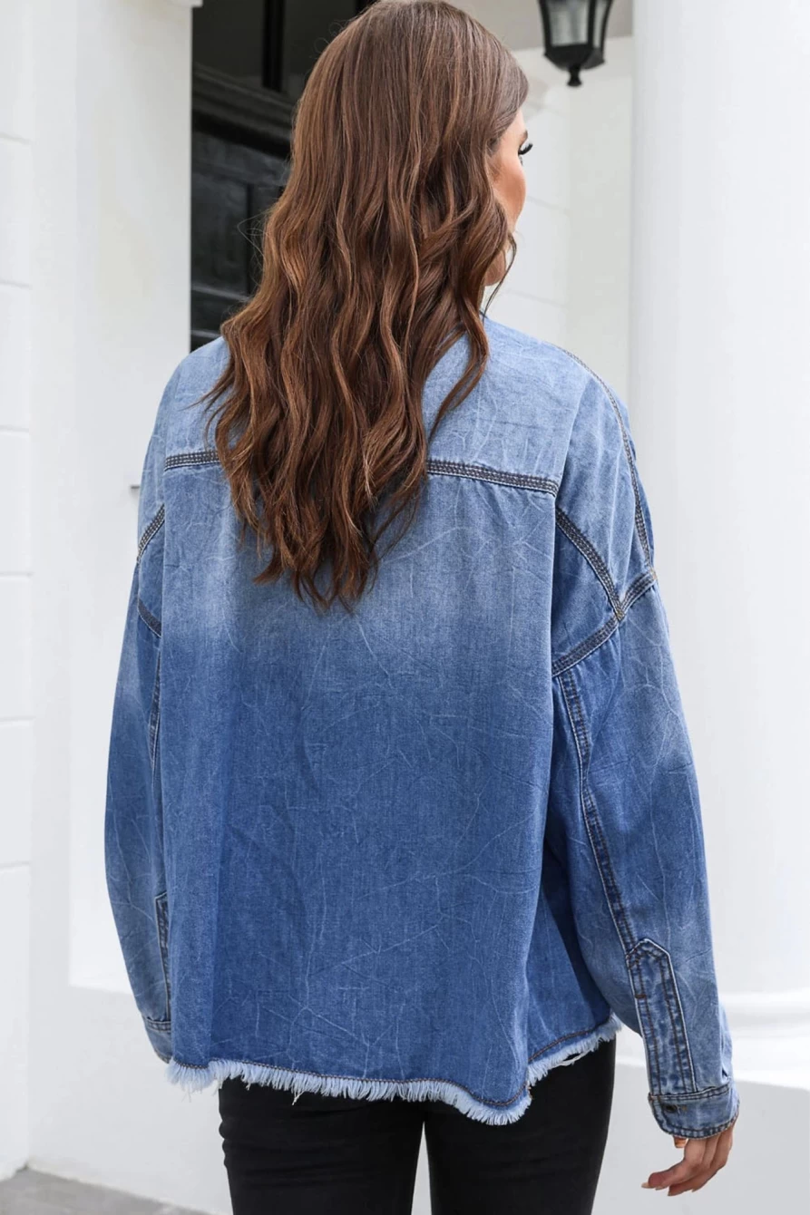 Women's Sky Blue Denim Shacket with Flap Pockets & Raw Hem - Shewin