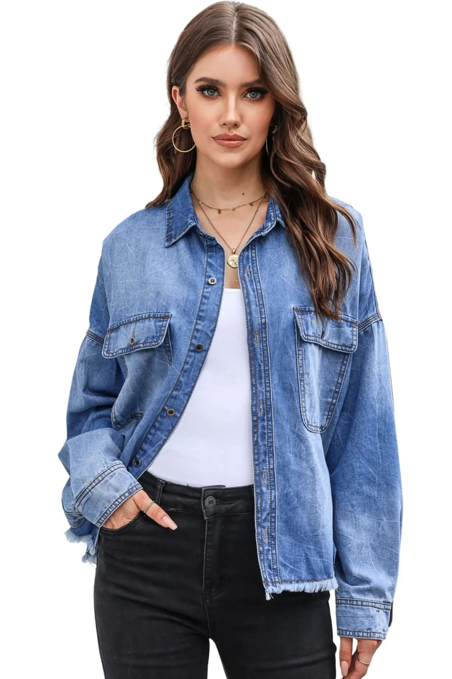 Women's Sky Blue Denim Shacket with Flap Pockets & Raw Hem - Shewin