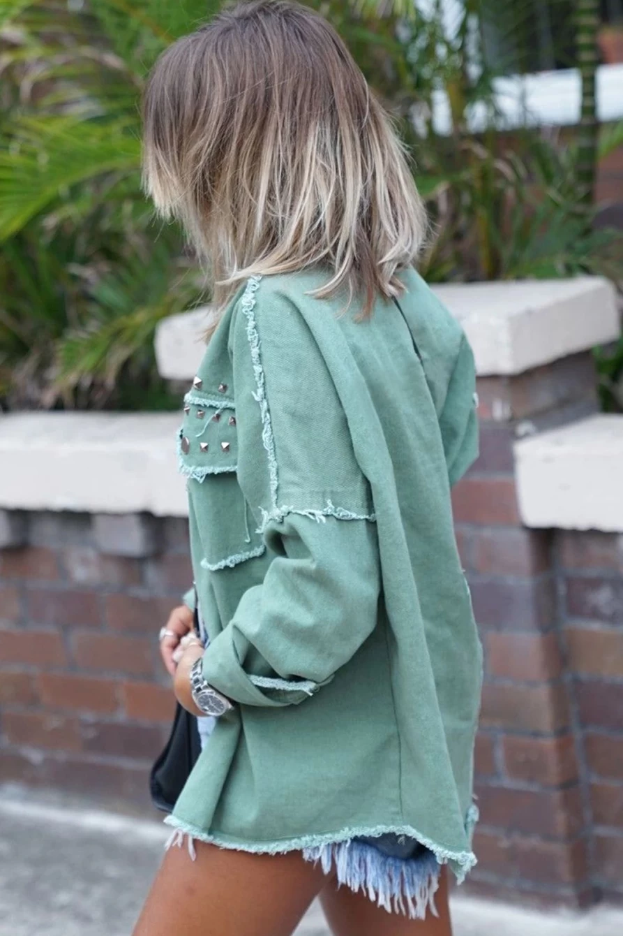 Shewin Women's Mist Green Vintage Denim Jacket with Frayed Trim and Rivet Details
