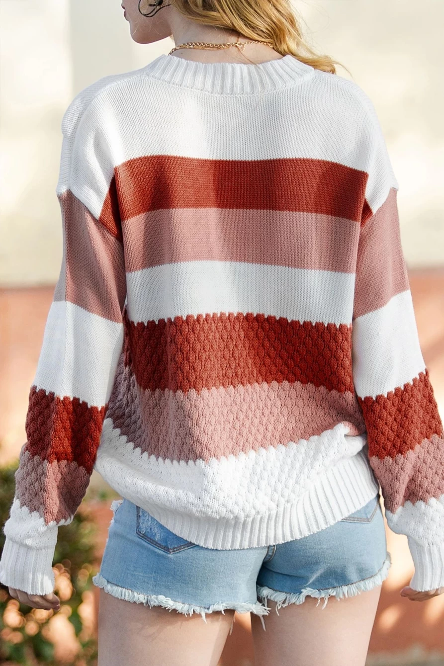 Shewin Women's Red Stripe Colorblock Drop Sleeve Knitted Sweater