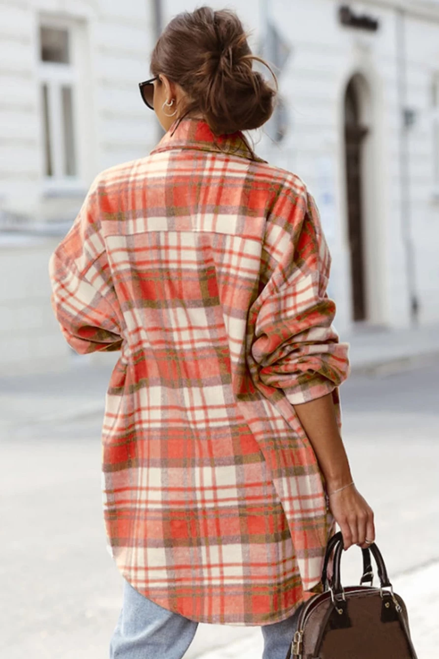Women's Red Plaid Oversized Shacket with Flap Pockets by Shewin - Long Sleeve Button-Up Style