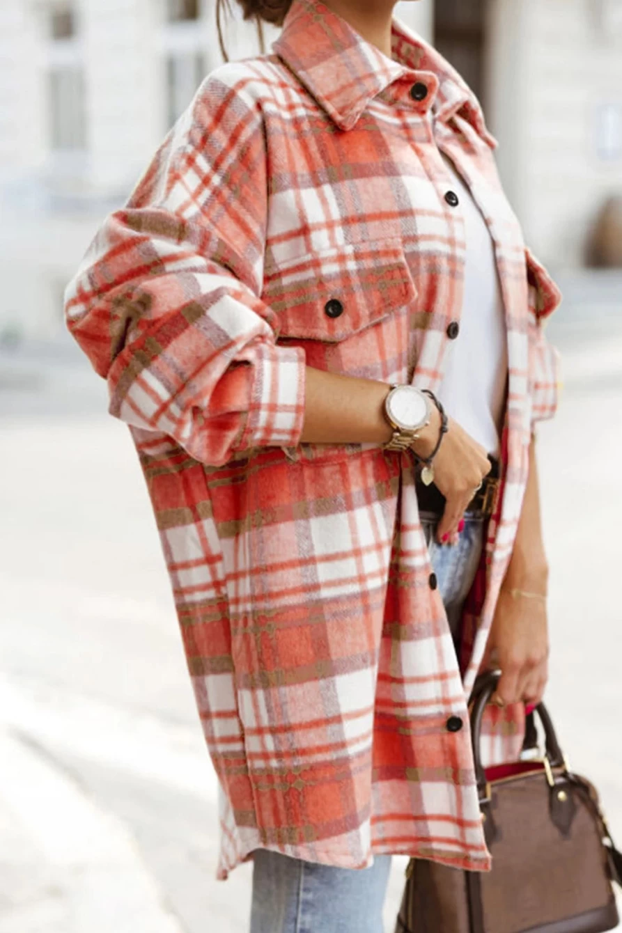 Women's Red Plaid Oversized Shacket with Flap Pockets by Shewin - Long Sleeve Button-Up Style