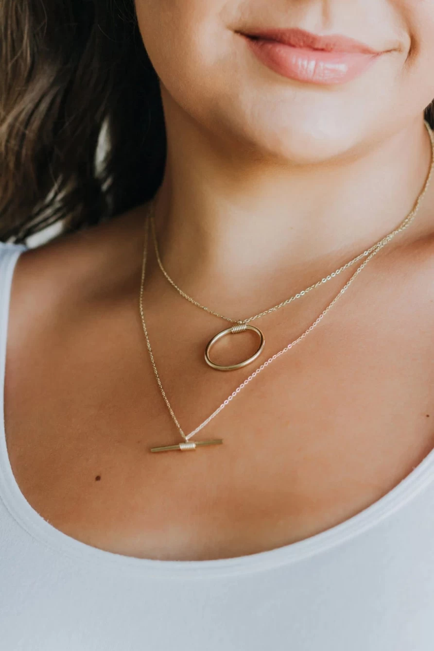 Shewin Gold Circle and Bar Double Layer Necklace for Women