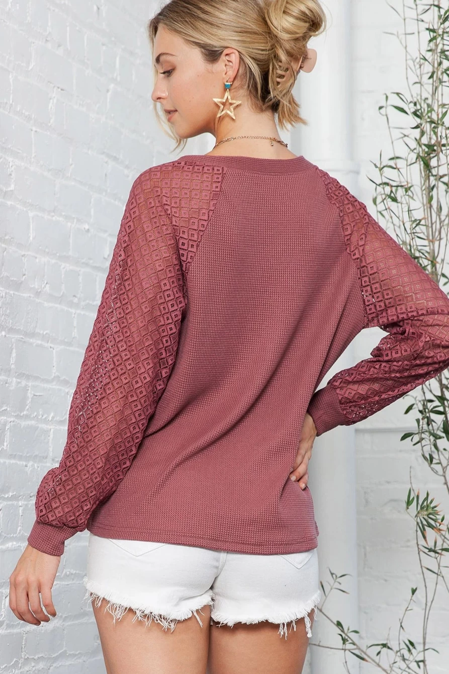 Women's Red Waffle Knit Lace Long Sleeve Button Up Cardigan - Shewin