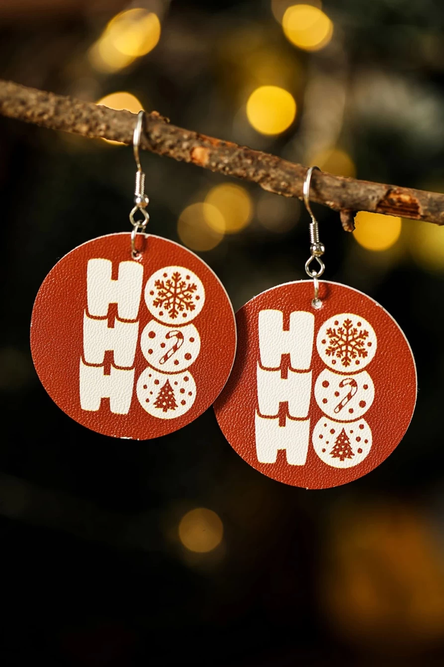 Shewin Fiery Red Christmas Pattern PU Leather Drop Earrings for Women