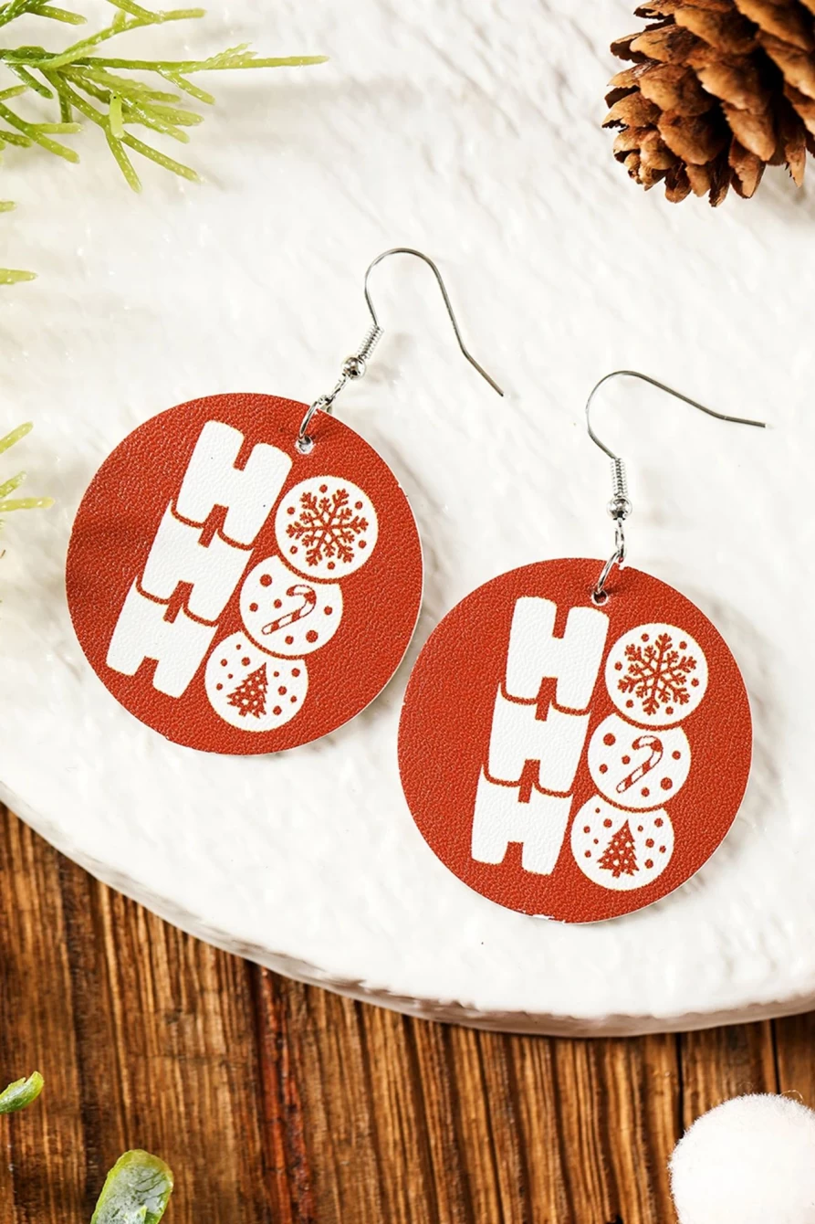 Shewin Fiery Red Christmas Pattern PU Leather Drop Earrings for Women
