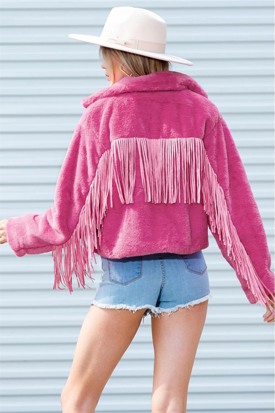 Shewin Women's Pink Fringed Full-Zip Fleece Jacket | Cozy & Stylish Outerwear
