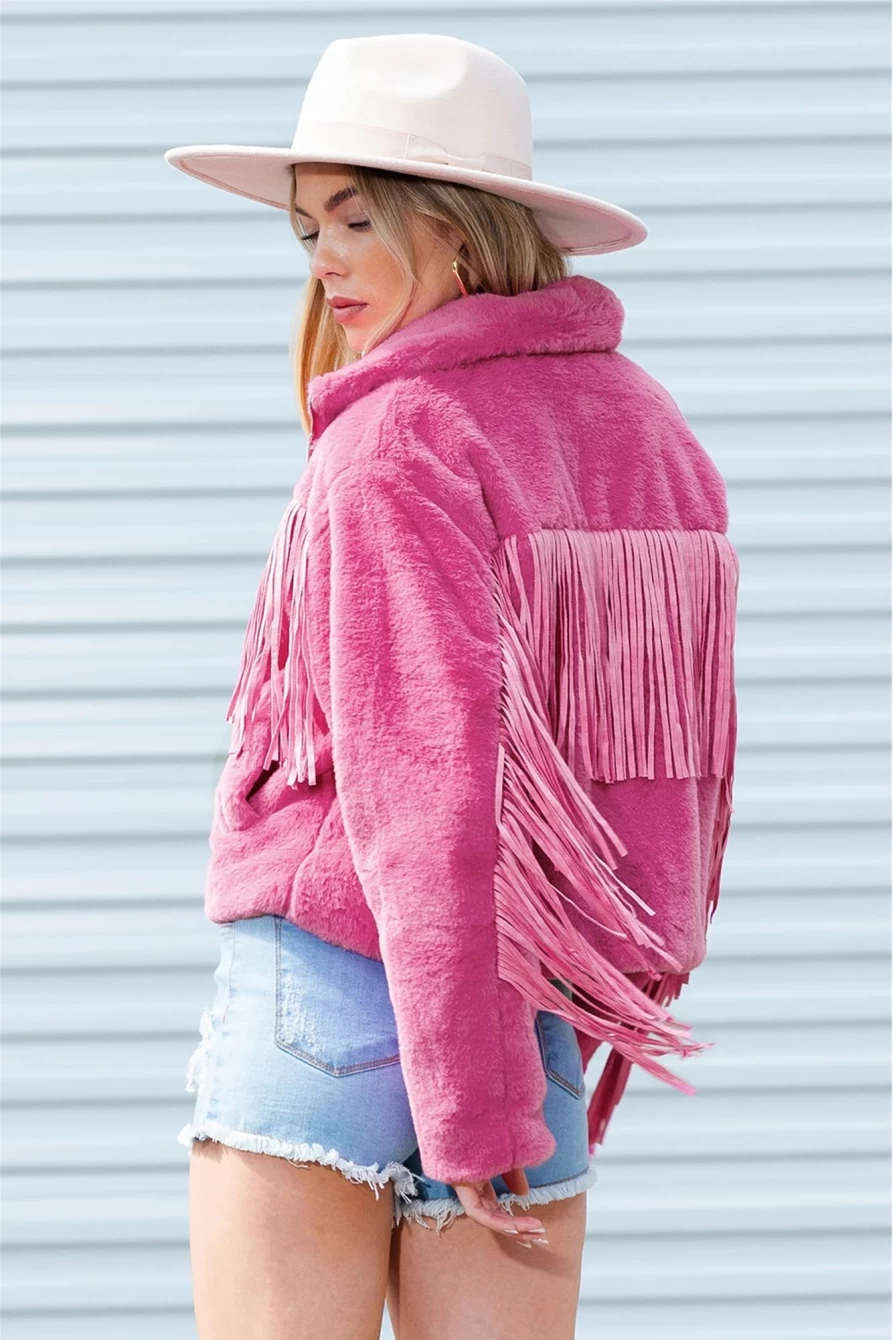 Shewin Women's Pink Fringed Full-Zip Fleece Jacket | Cozy & Stylish Outerwear