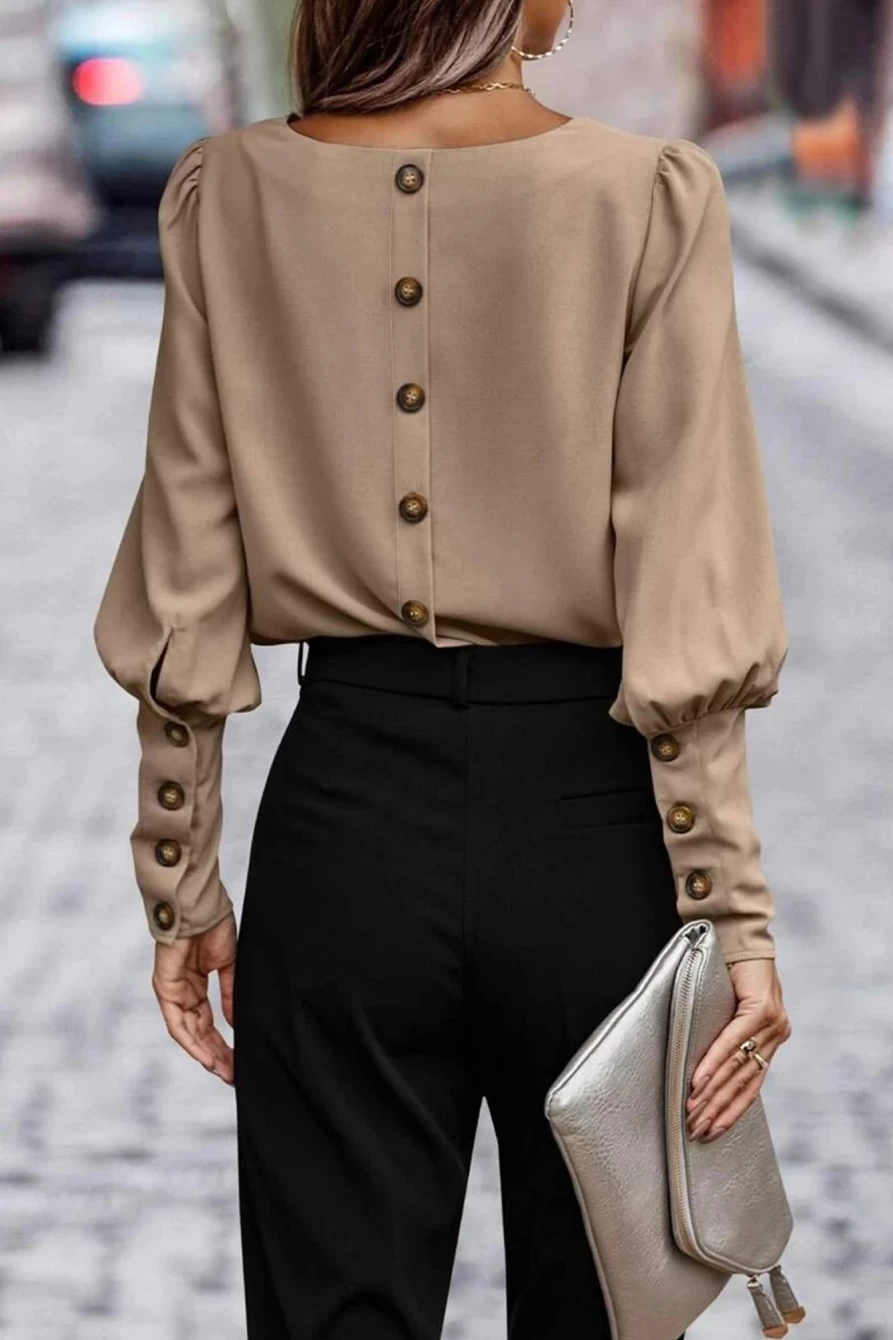 Shewin Women's Brown Basic Blouse with Leg-Of-Mutton Sleeves and Round Neck
