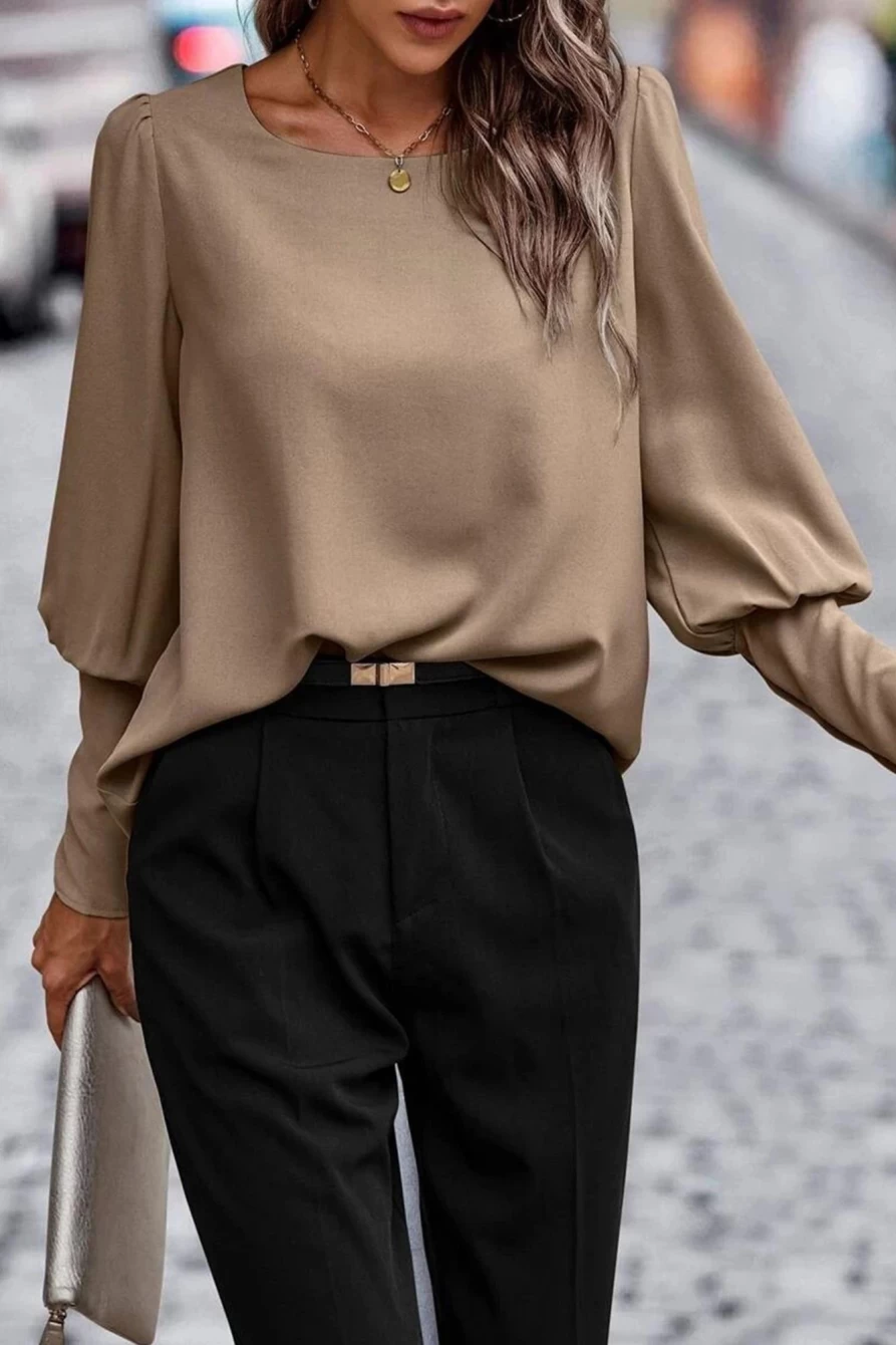 Shewin Women's Brown Basic Blouse with Leg-Of-Mutton Sleeves and Round Neck