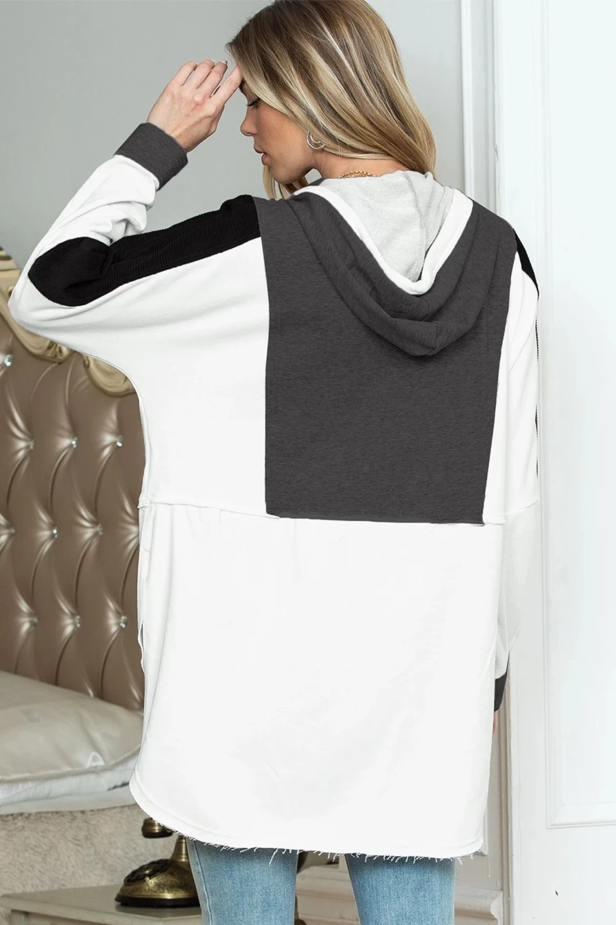 Shewin Women's Black Oversized Color Block Hoodie with Snap Button Detail