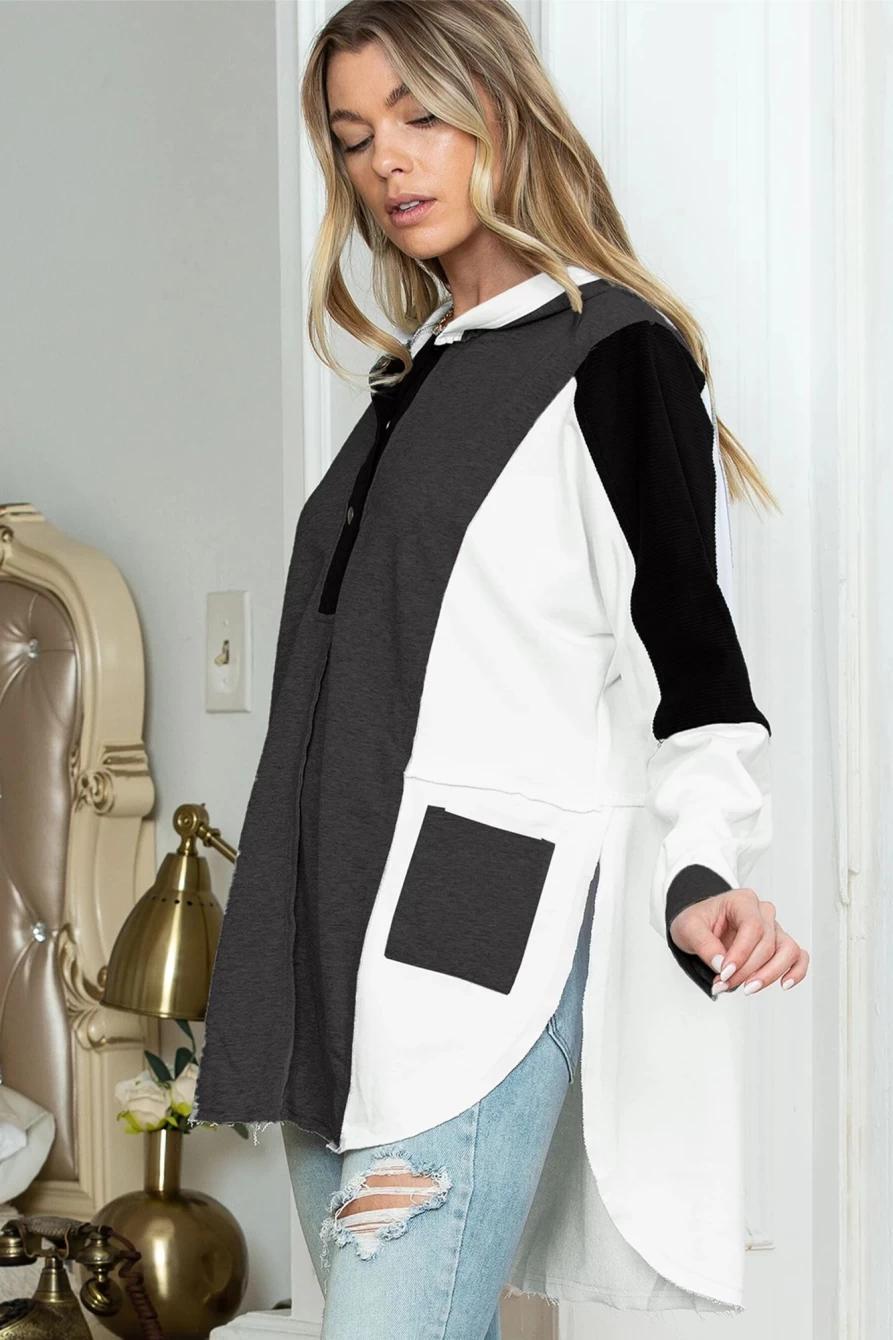 Shewin Women's Black Oversized Color Block Hoodie with Snap Button Detail